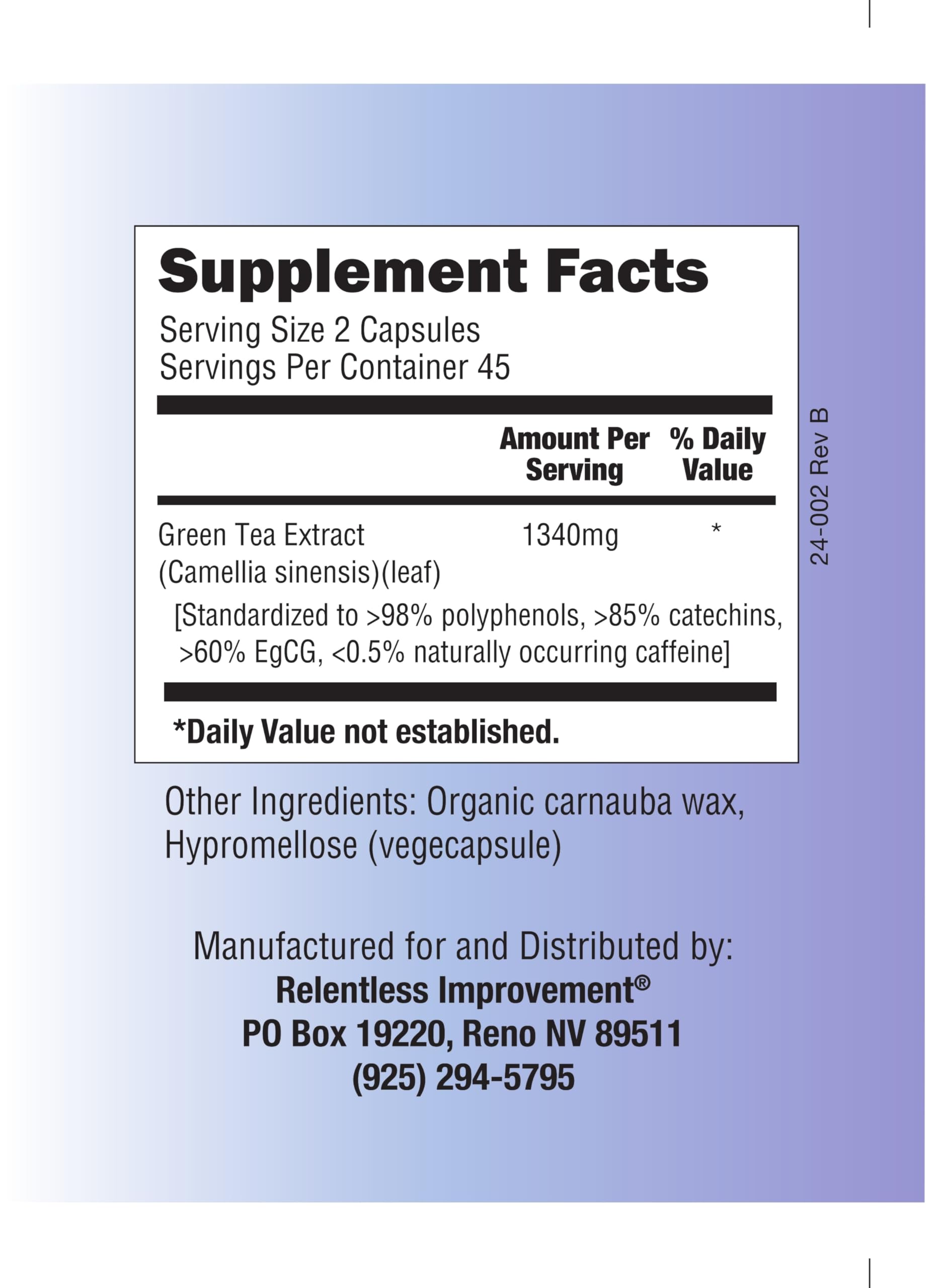 Relentless Improvement etiqueta mostrando 670 mg y 98% polifenoles