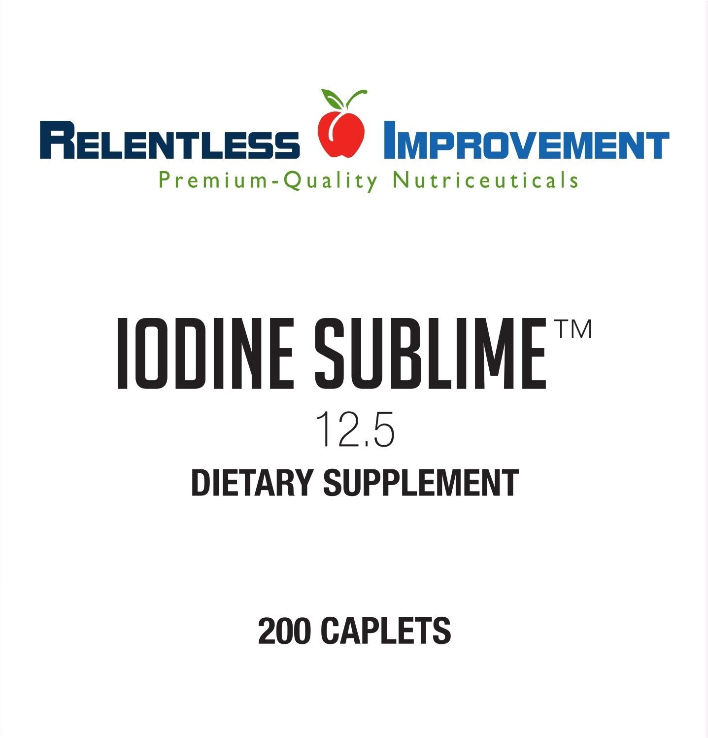 Relentless Improvement Iodine Sublime botella abierta con caplets listos para uso práctico