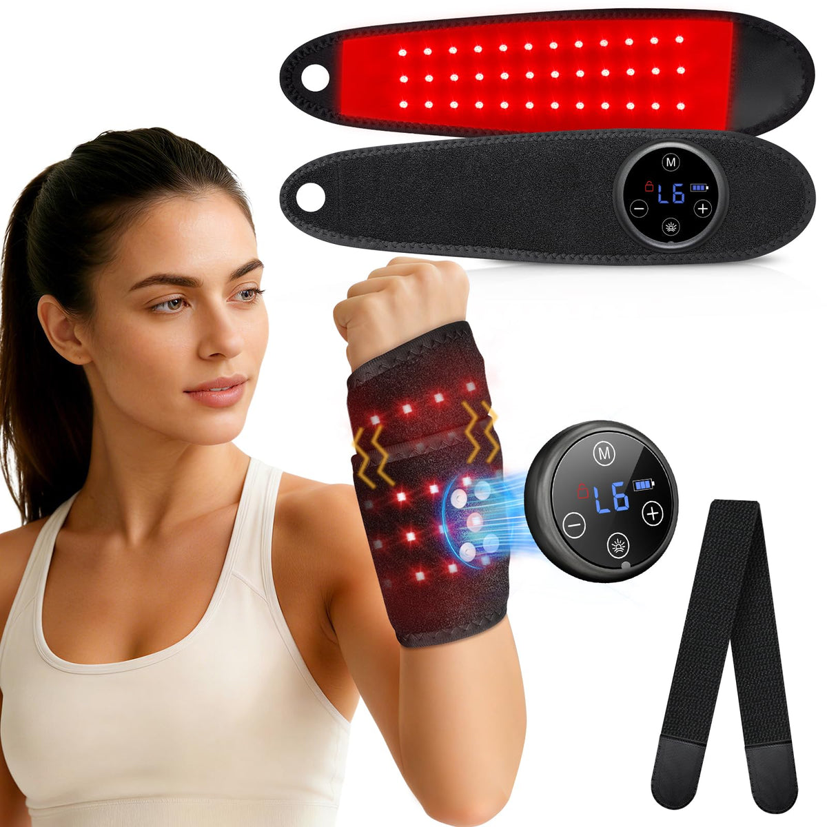 RELEXNOW vista frontal de la venda mostrando ajuste ergonómico y beneficios de confort