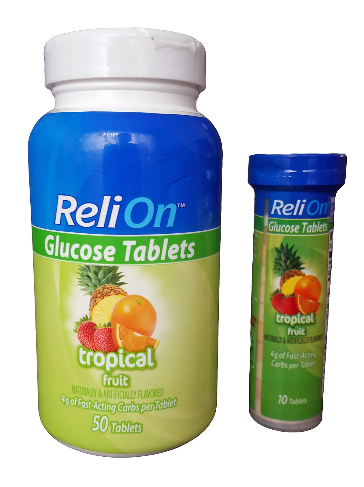 ReliOn envase frontal 50 tabletas sabor Tropical Fruit, conveniente para recambio rápido