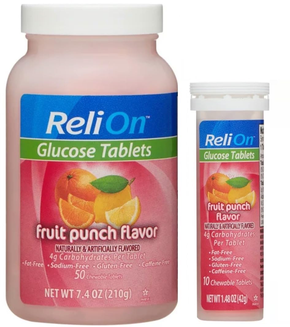 ReliOn Glucose frasco de 50 tabletas fruit punch, recarga práctica inmediata