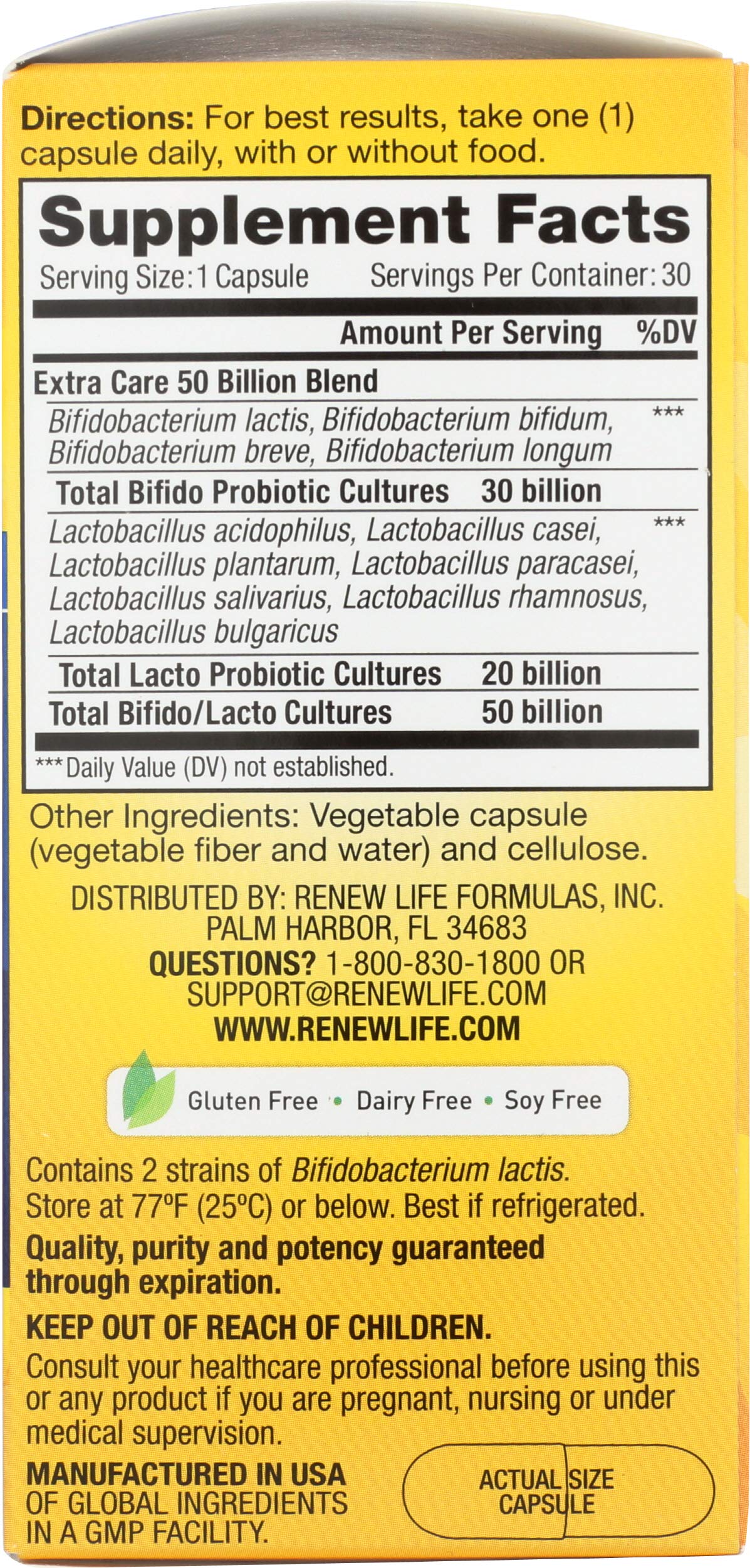 Renew Life botella abierta mostrando cápsulas y envase protector