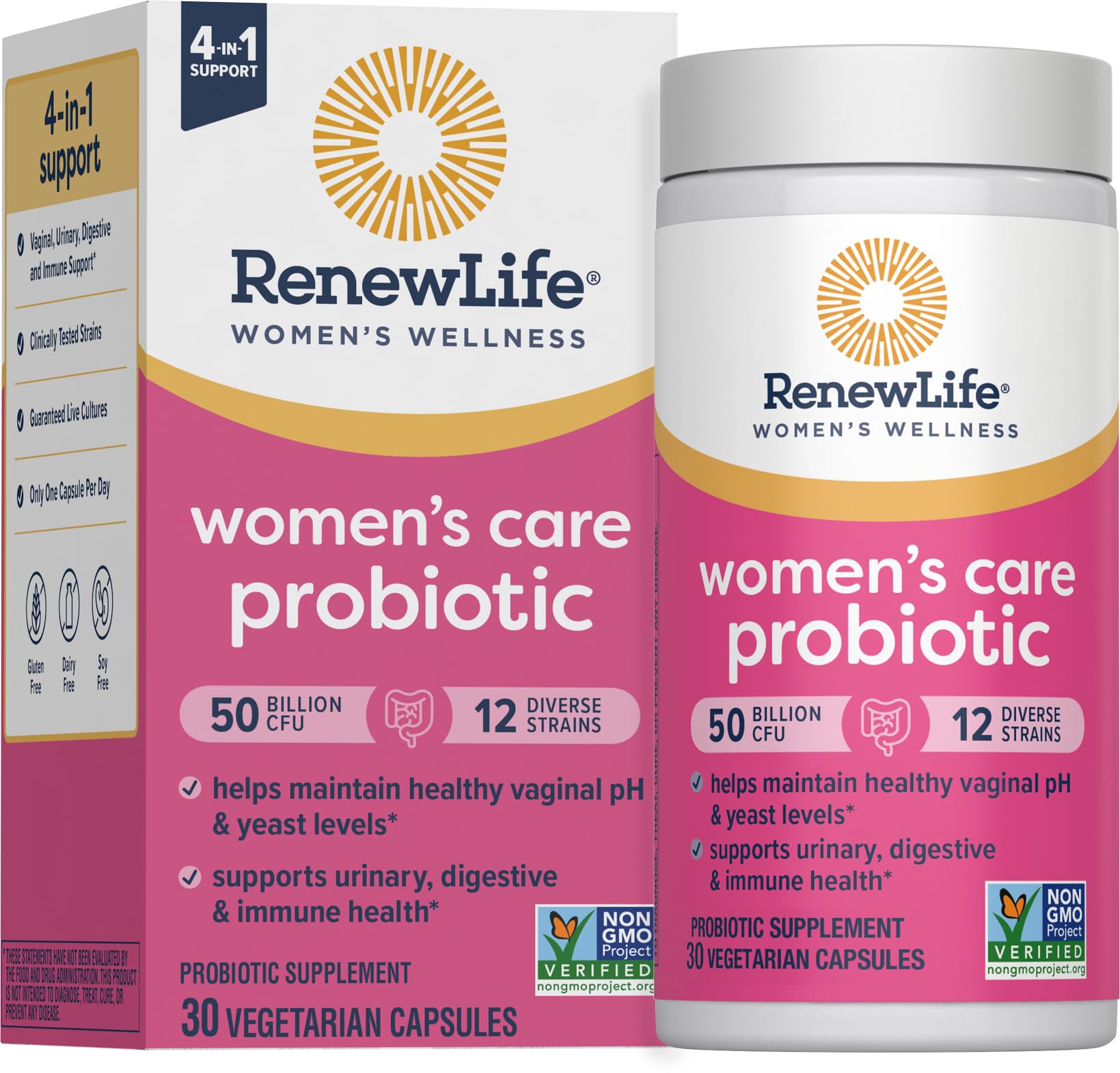 Renew Life vista frontal del envase que muestra cepas y beneficio de salud femenina