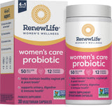 Renew Life vista frontal del envase que muestra cepas y beneficio de salud femenina