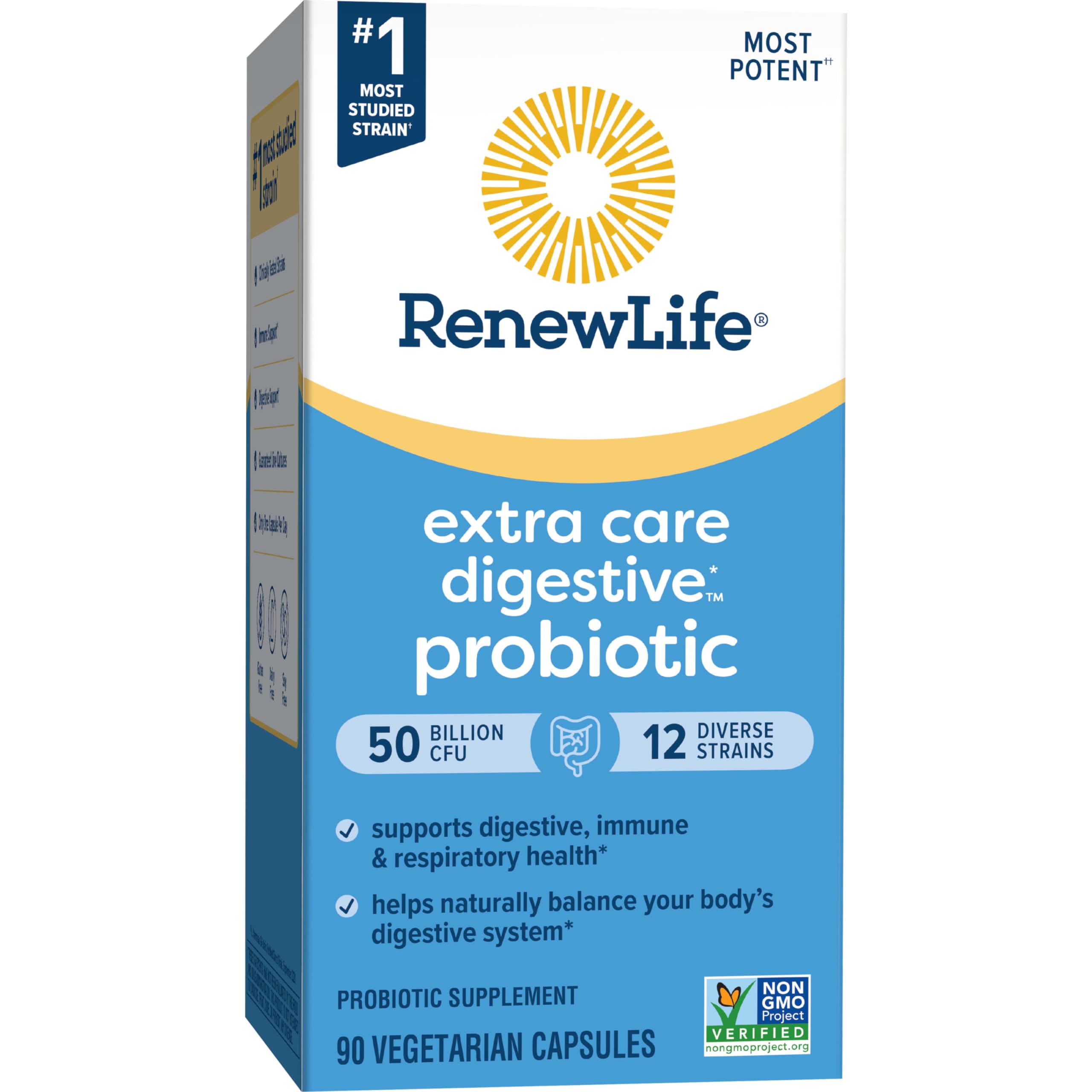 Renew Life cápsulas junto a alimentos saludables sugieren apoyo digestivo