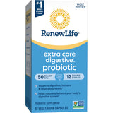 Renew Life cápsulas junto a alimentos saludables sugieren apoyo digestivo