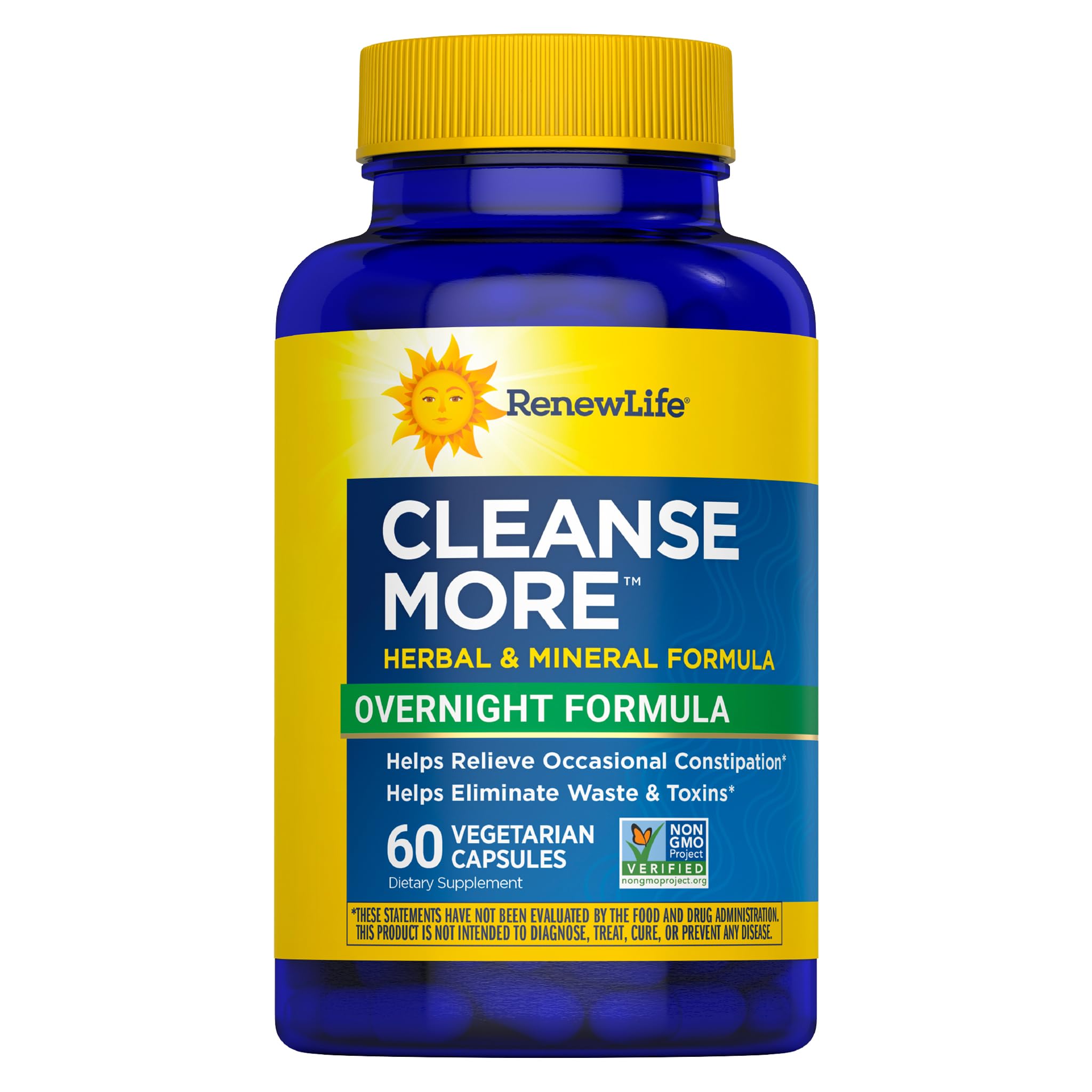 Renew Life envase frontal mostrando Cleanse More y beneficios nocturnos
