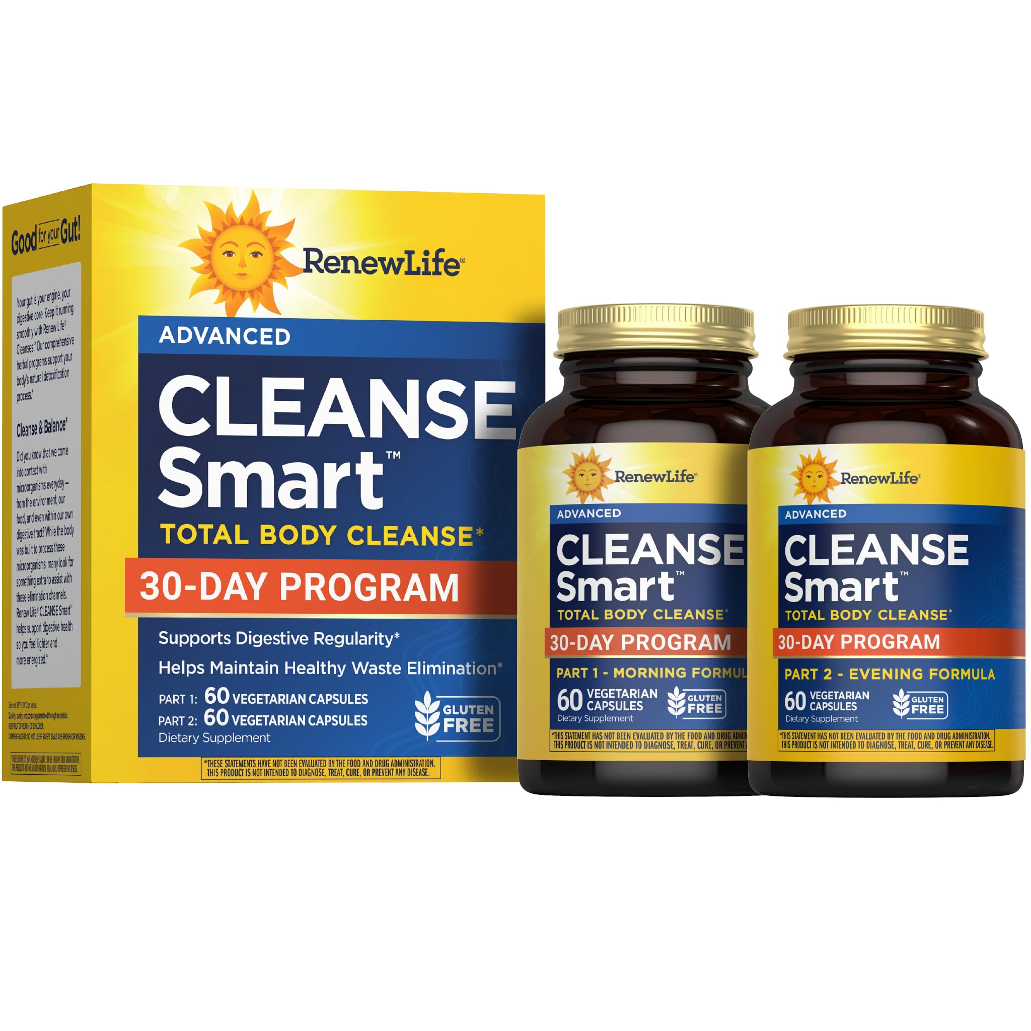 Renew Life Cleanse Smart frente del empaque mostrando dosis y beneficios visibles