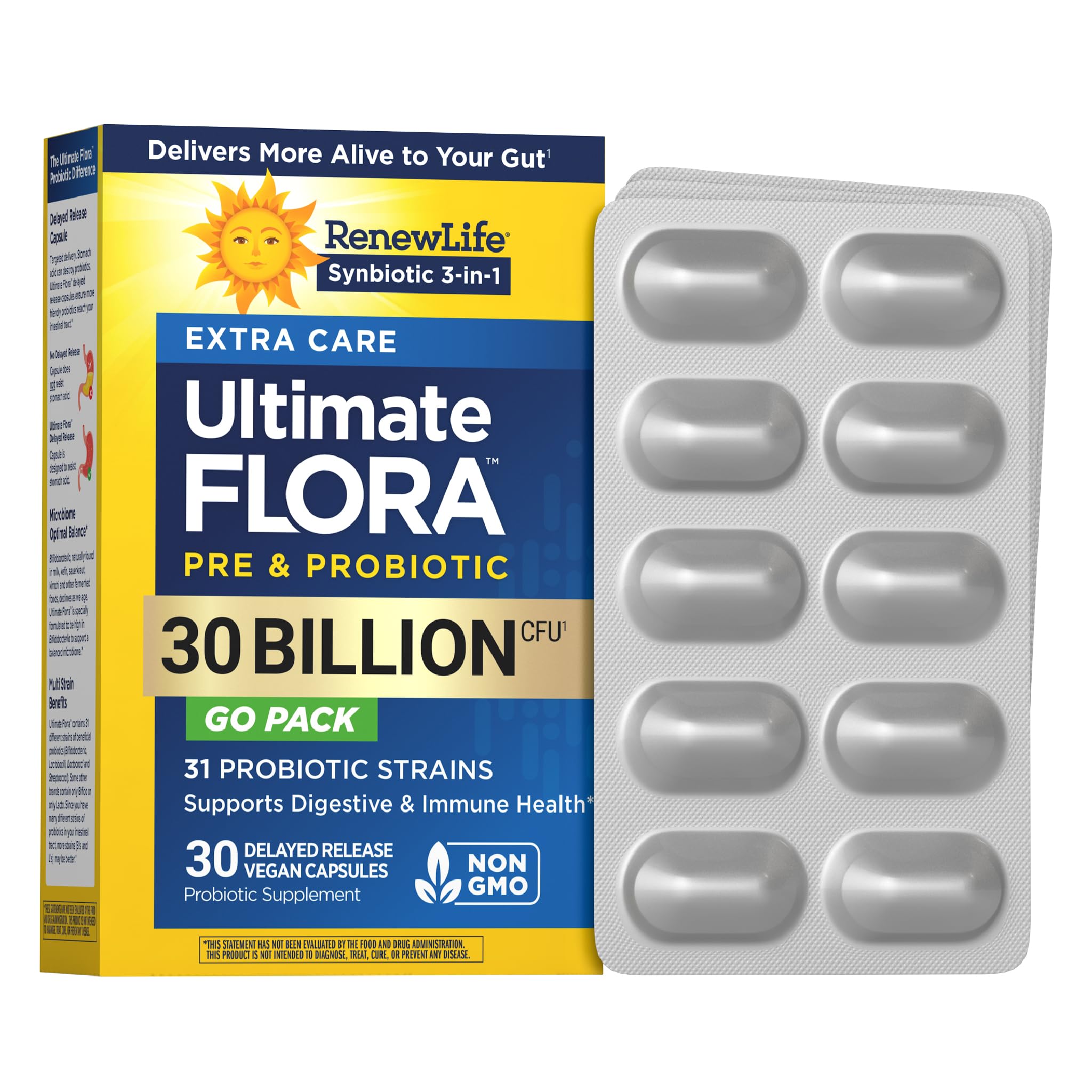 Renew Life envase frontal mostrando 30 cápsulas y beneficios clave