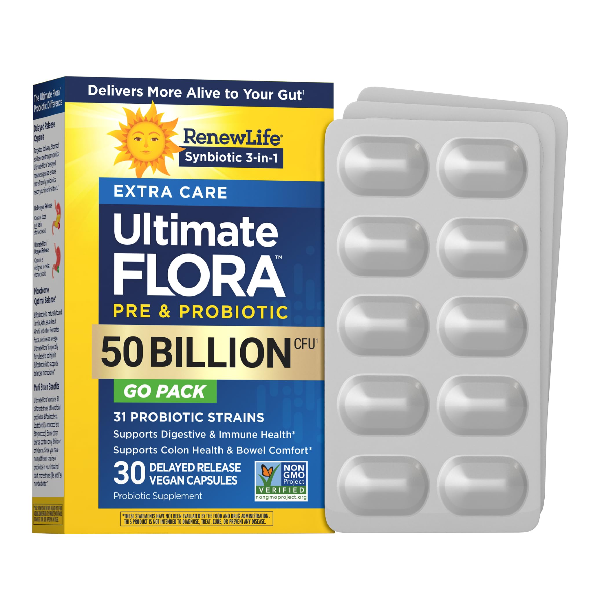 Renew Life envase frontal mostrando 30 cápsulas y beneficios clave