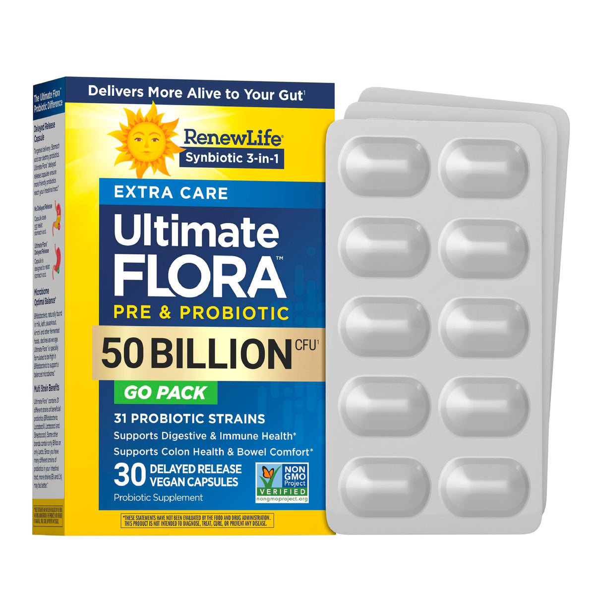 Renew Life envase frontal mostrando 30 cápsulas y beneficios clave