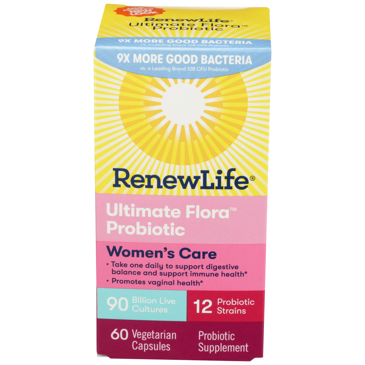 Renew Life frasco delante mostrando etiqueta clara y beneficios