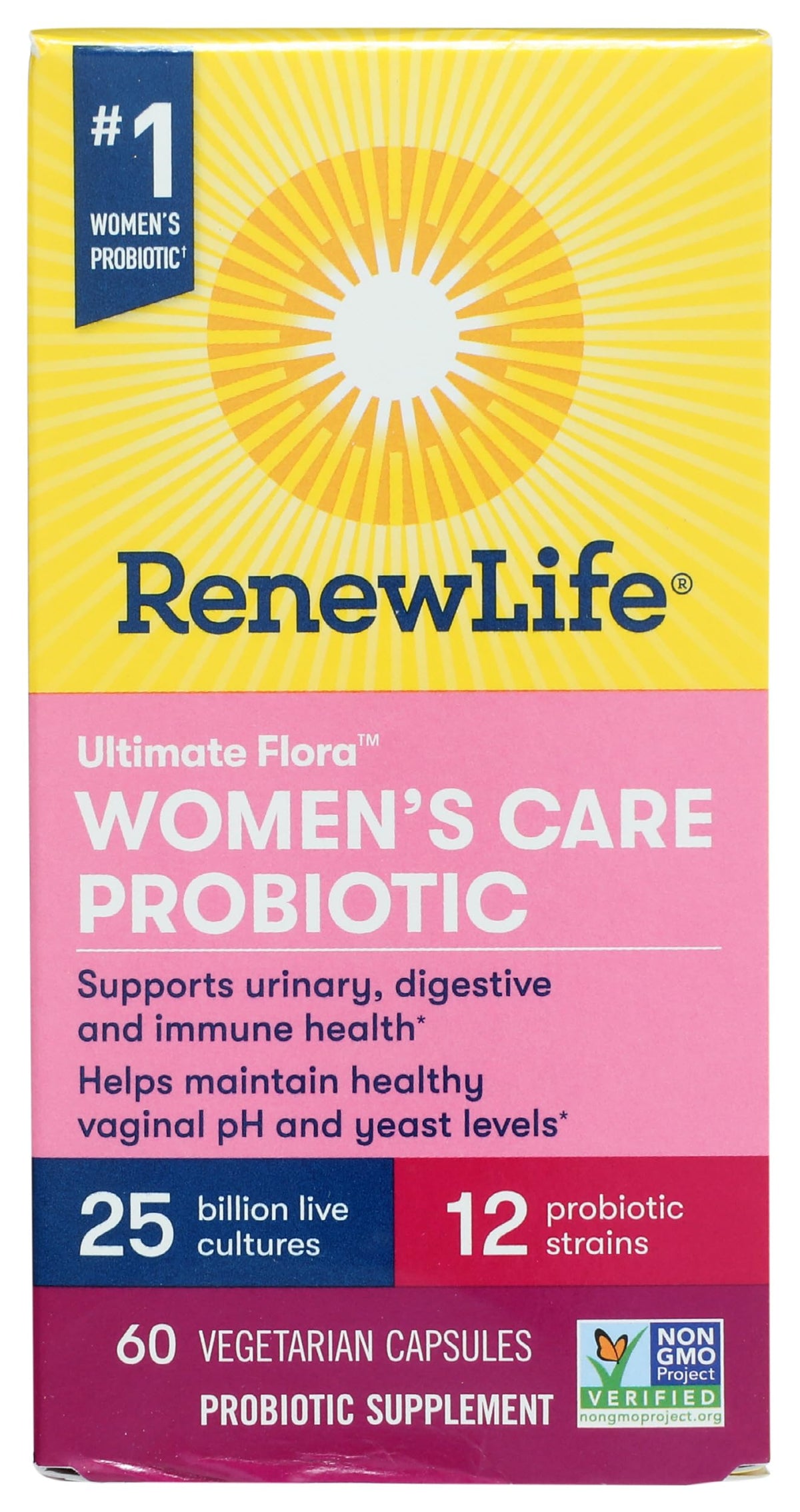 Renew Life frasco delantero mostrando etiqueta y beneficios para la mujer