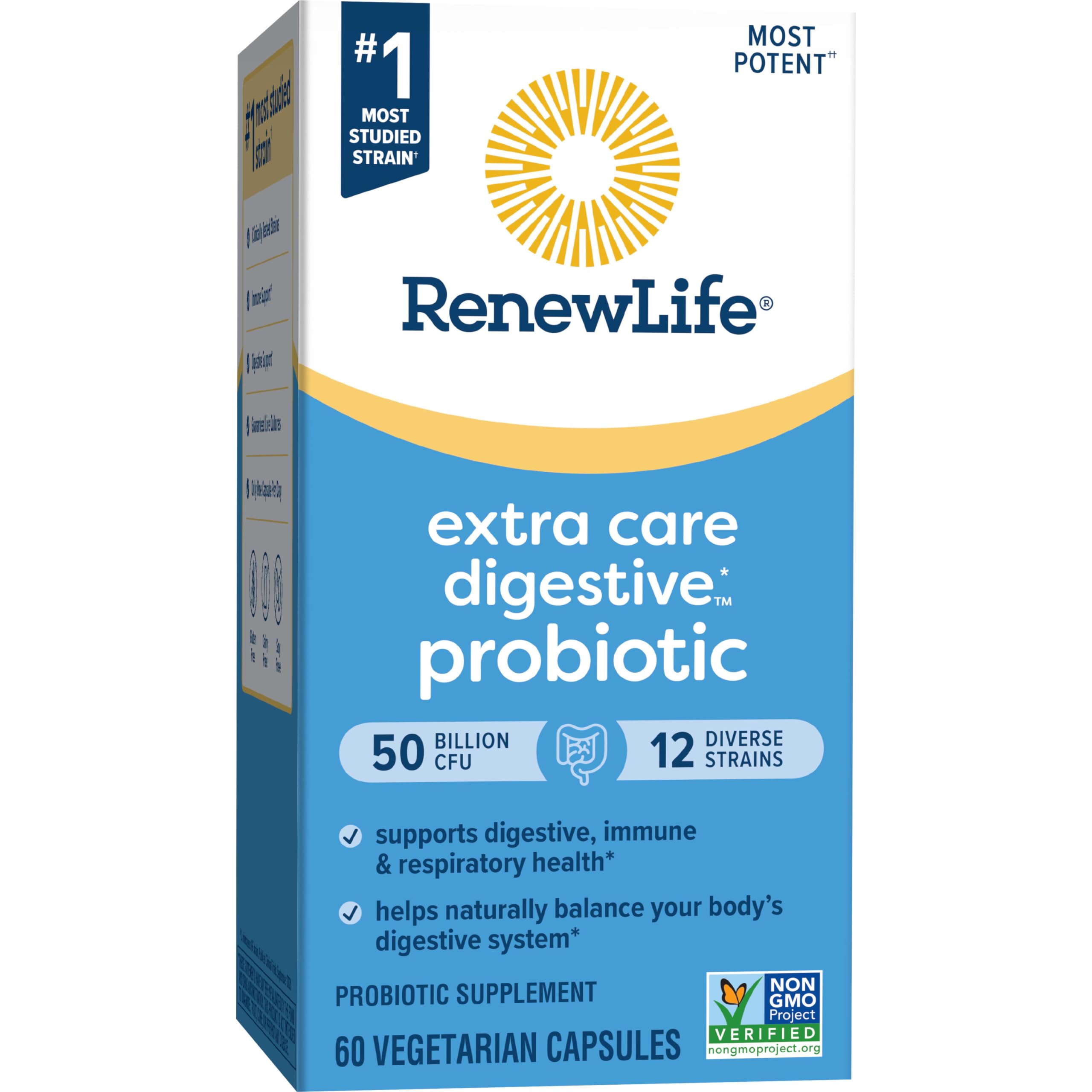 Renew Life frasco en nevera indicando opción de refrigeración para frescura