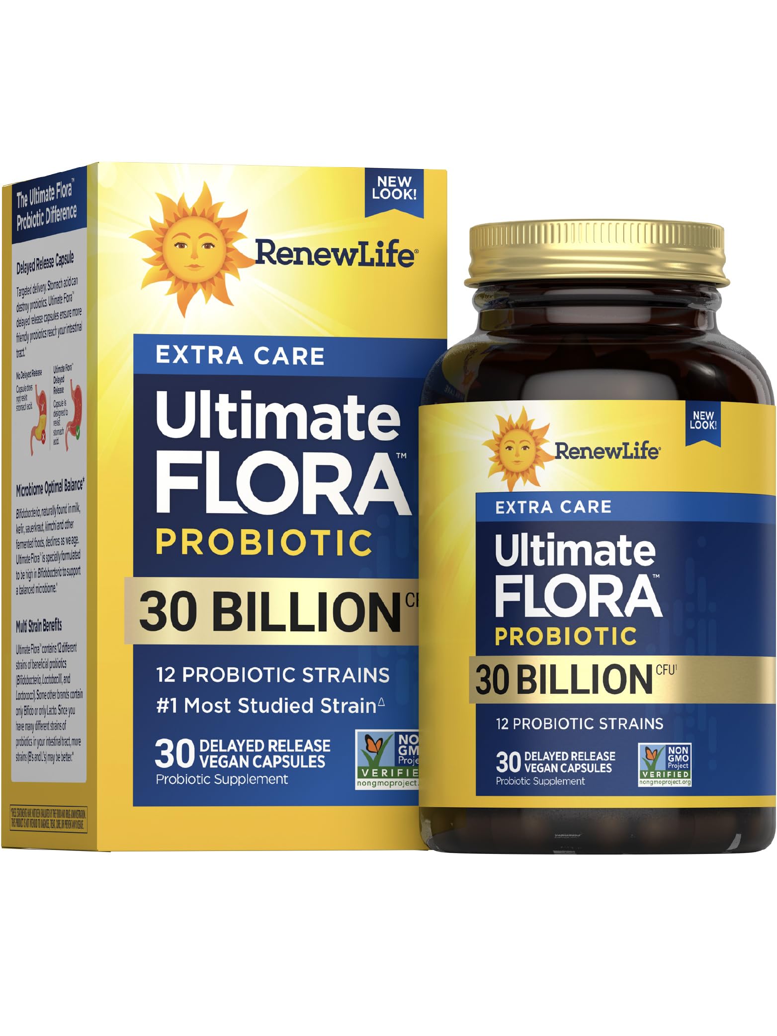 Renew Life frasco frontal mostrando la marca y conteo de 30 mil millones beneficios