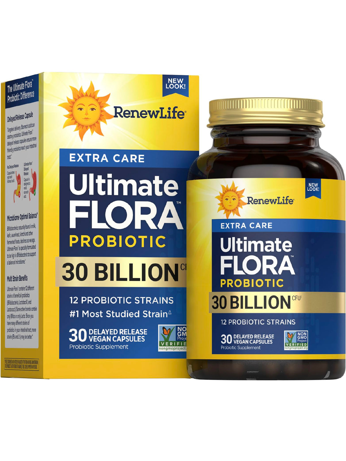 Renew Life frasco frontal mostrando la marca y conteo de 30 mil millones beneficios