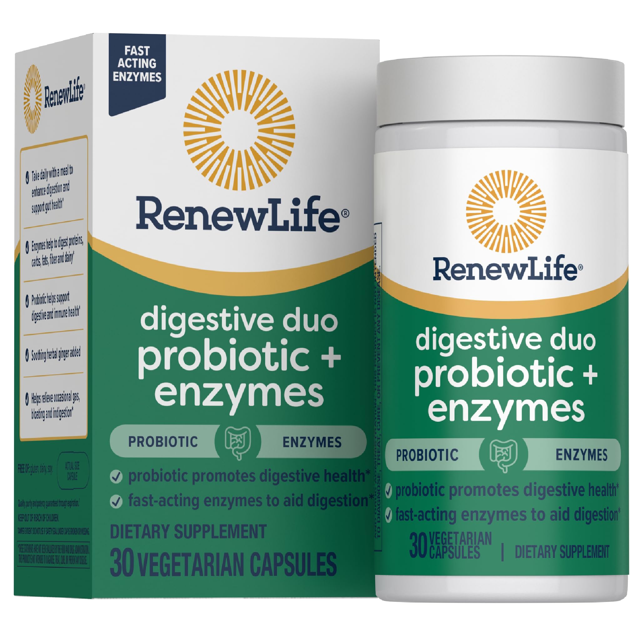 Renew Life frasco frontal mostrando etiqueta y conteo 30 cápsulas beneficios digestivos