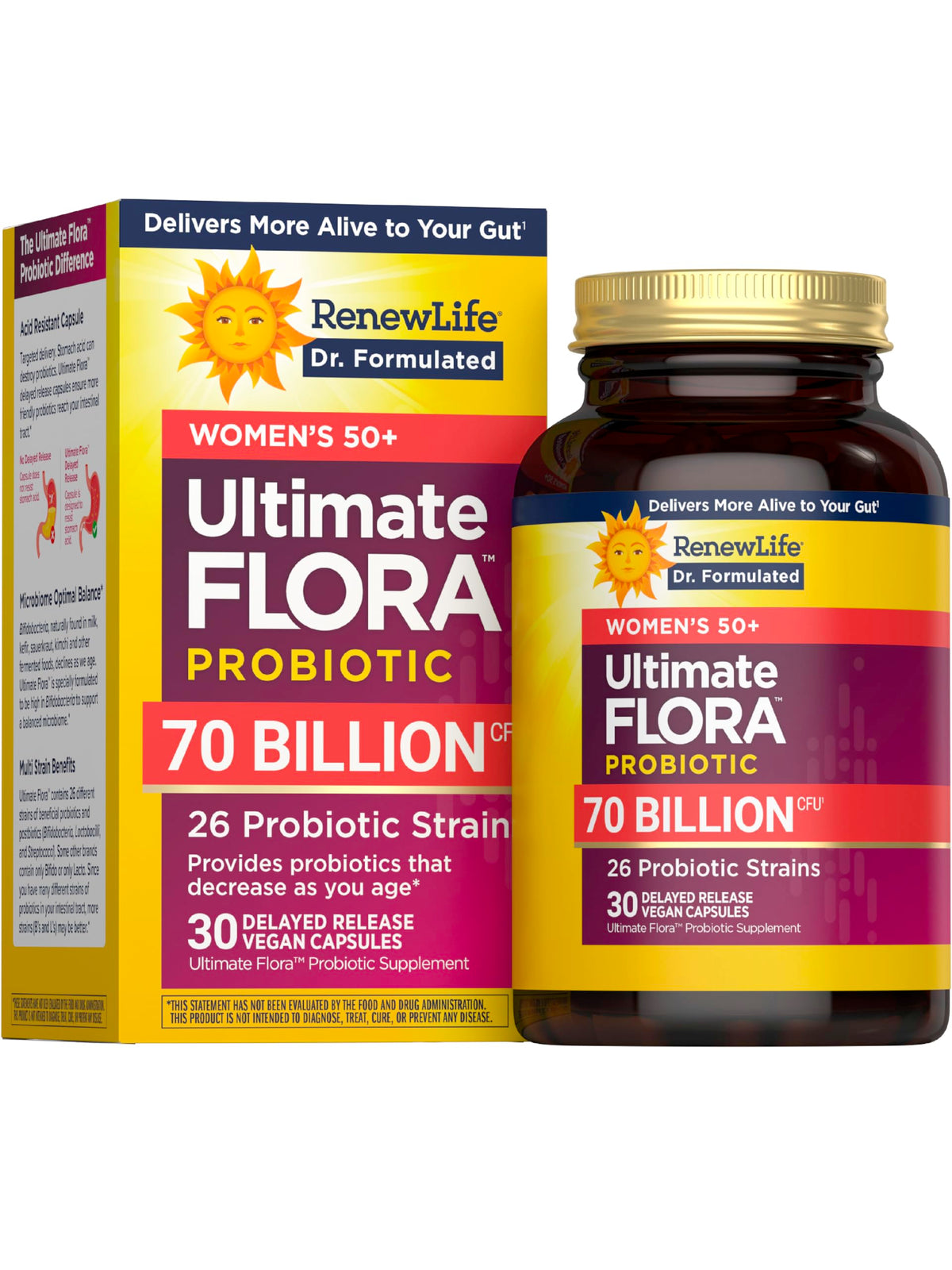 Renew Life frente del envase para mujeres 50+ mostrando dosis y beneficios