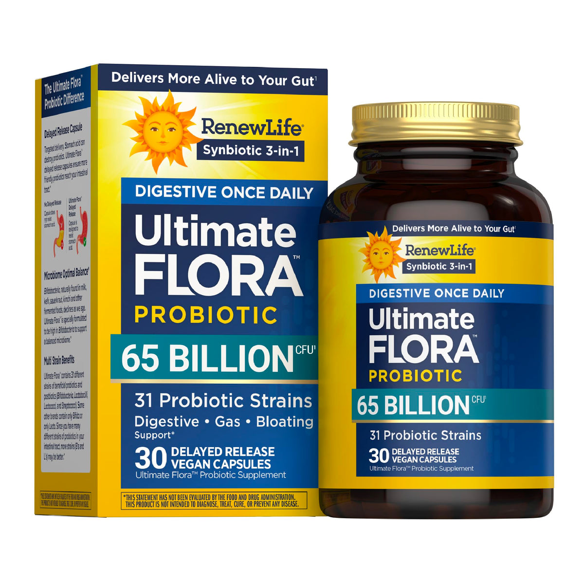 Renew Life frente del envase mostrando 65 billion CFU y 31 cepas para confianza