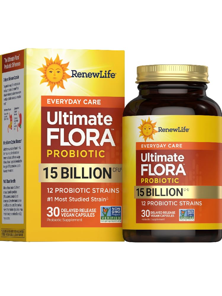Renew Life vista frontal del envase que muestra cepas y beneficio digestivo