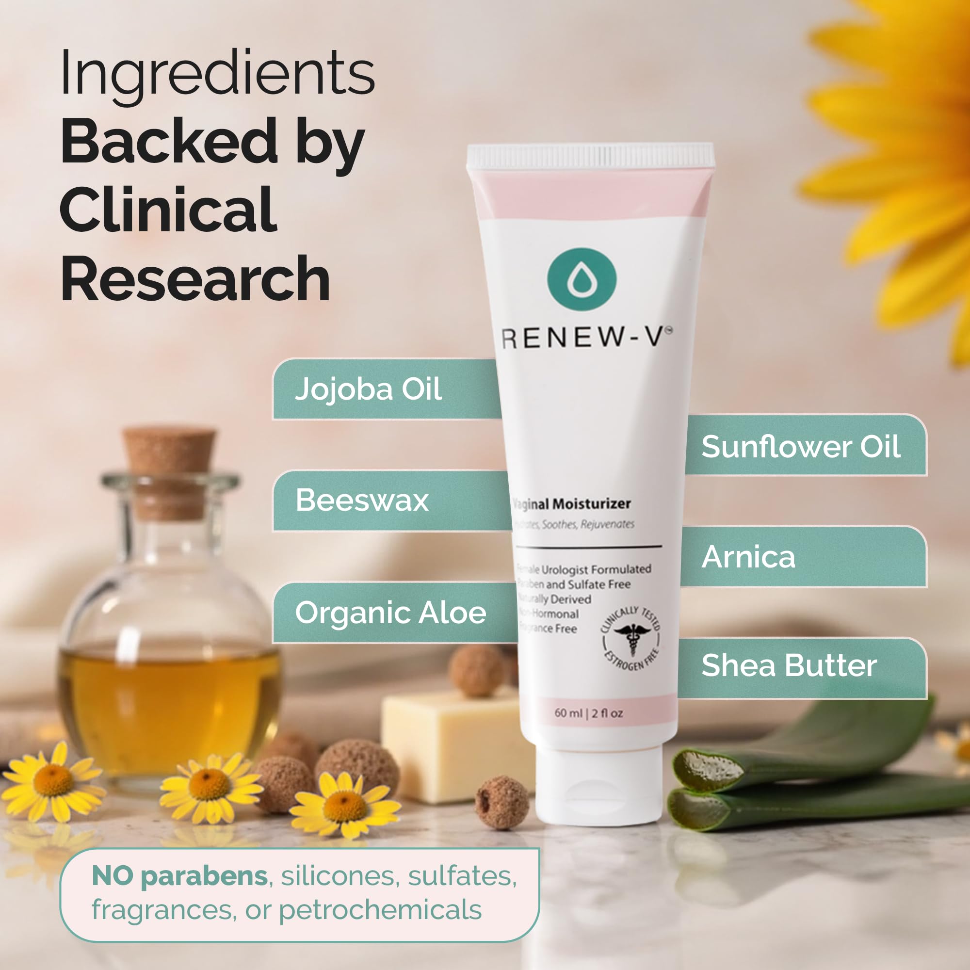 Renew-V en ambientación de baño, sugiere rutina íntima discreta