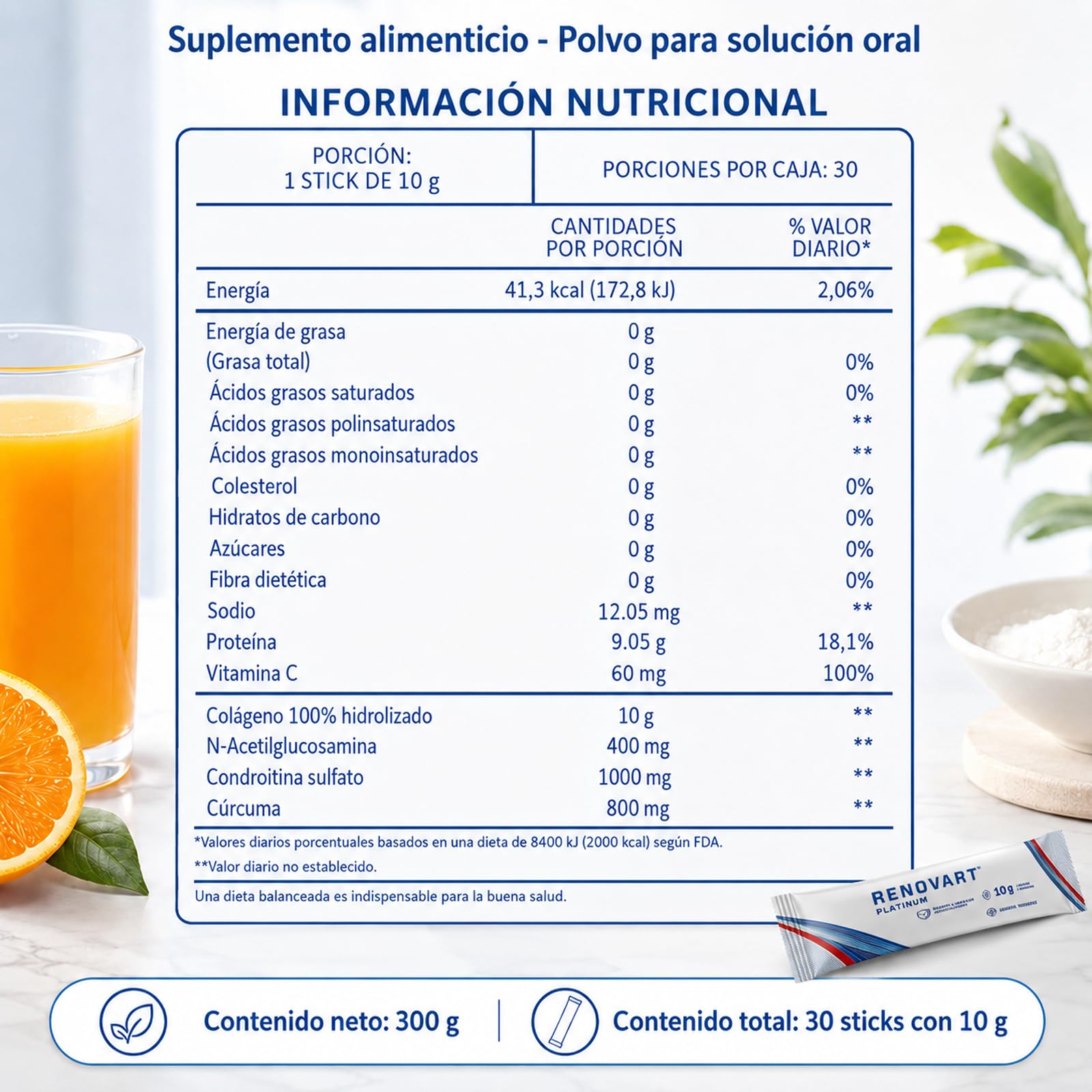 RENOVART PLATINUM sticks individuales sobre mesa, fácil dosificación diaria