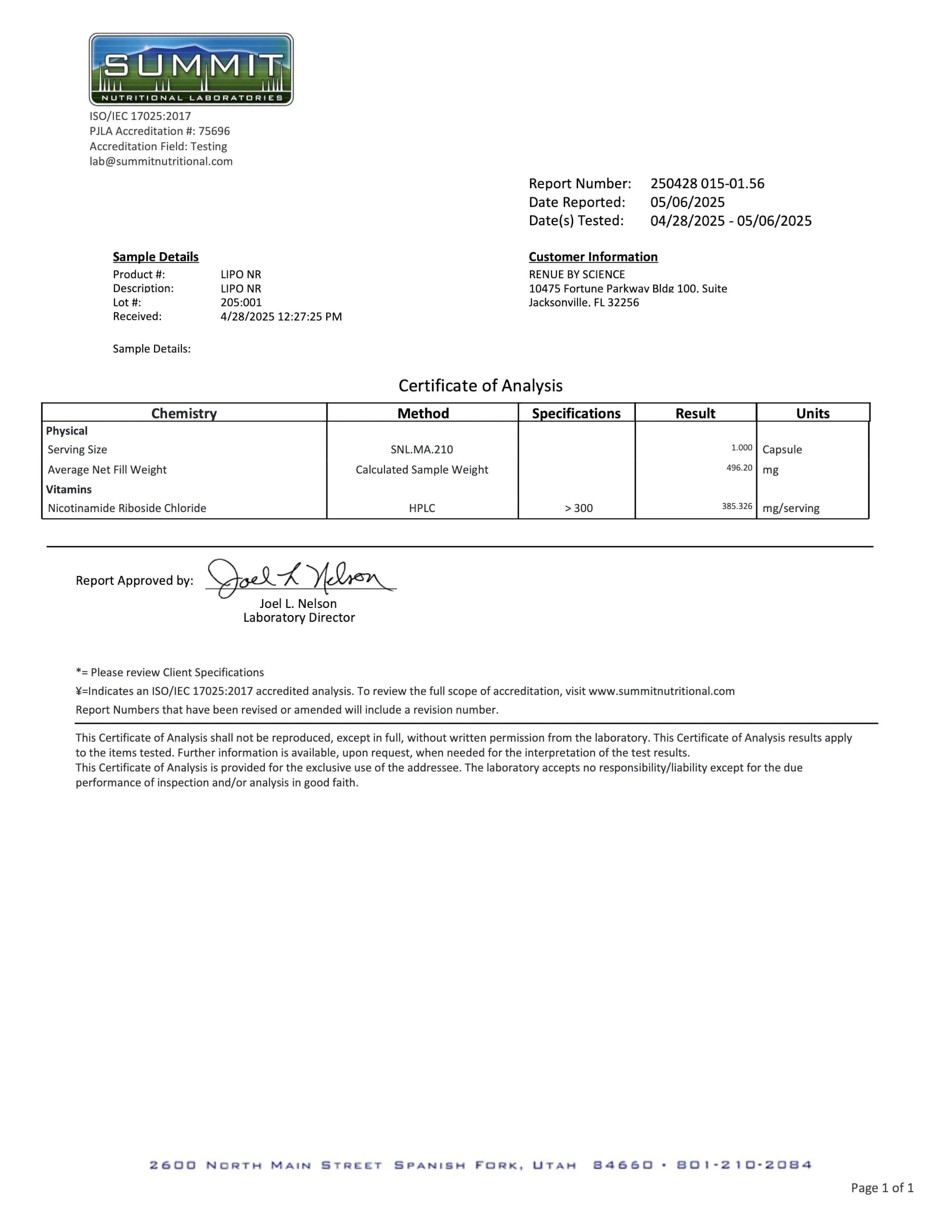 Renue By Science certificado de prueba de terceros mostrando control de calidad