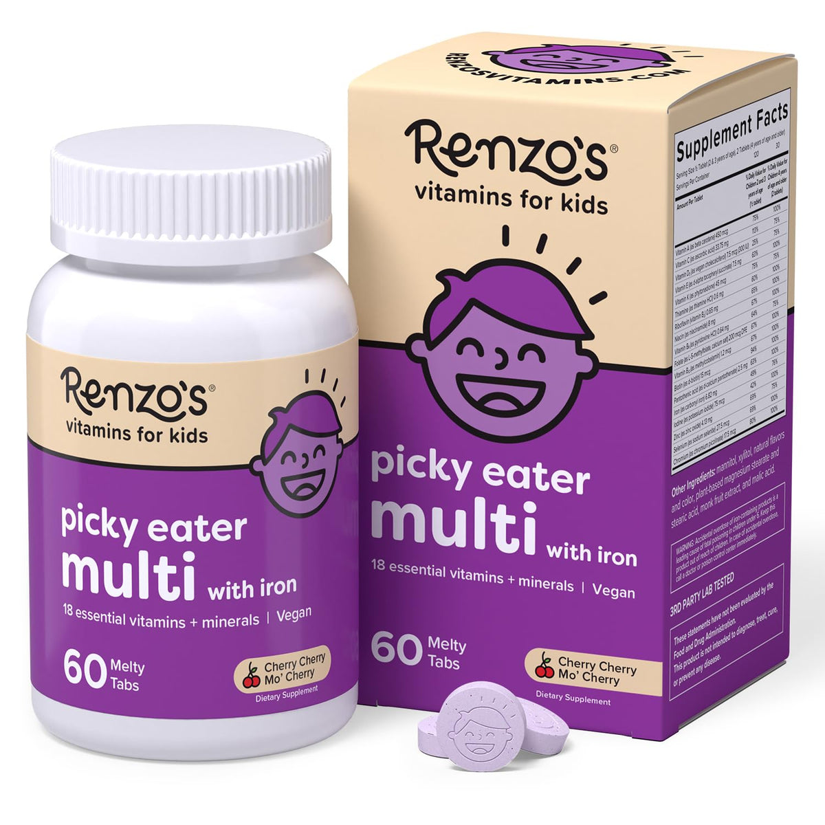 Renzo's frasco frontal mostrando 60 tabletas para administración fácil