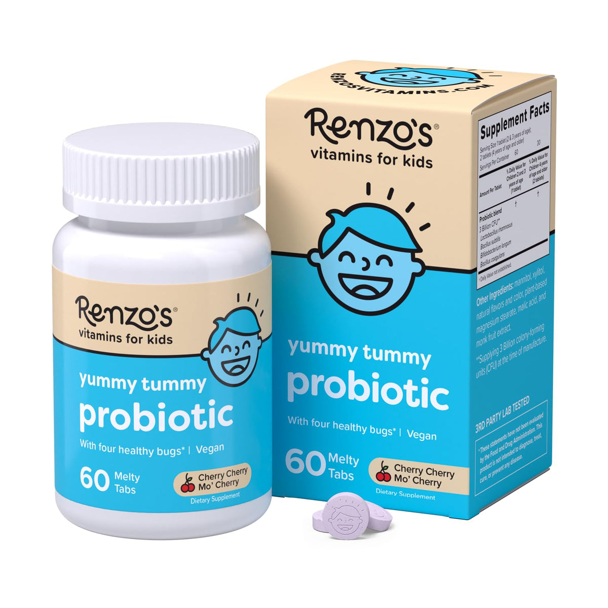 Renzo's envase frontal del producto mostrando la etiqueta y beneficios