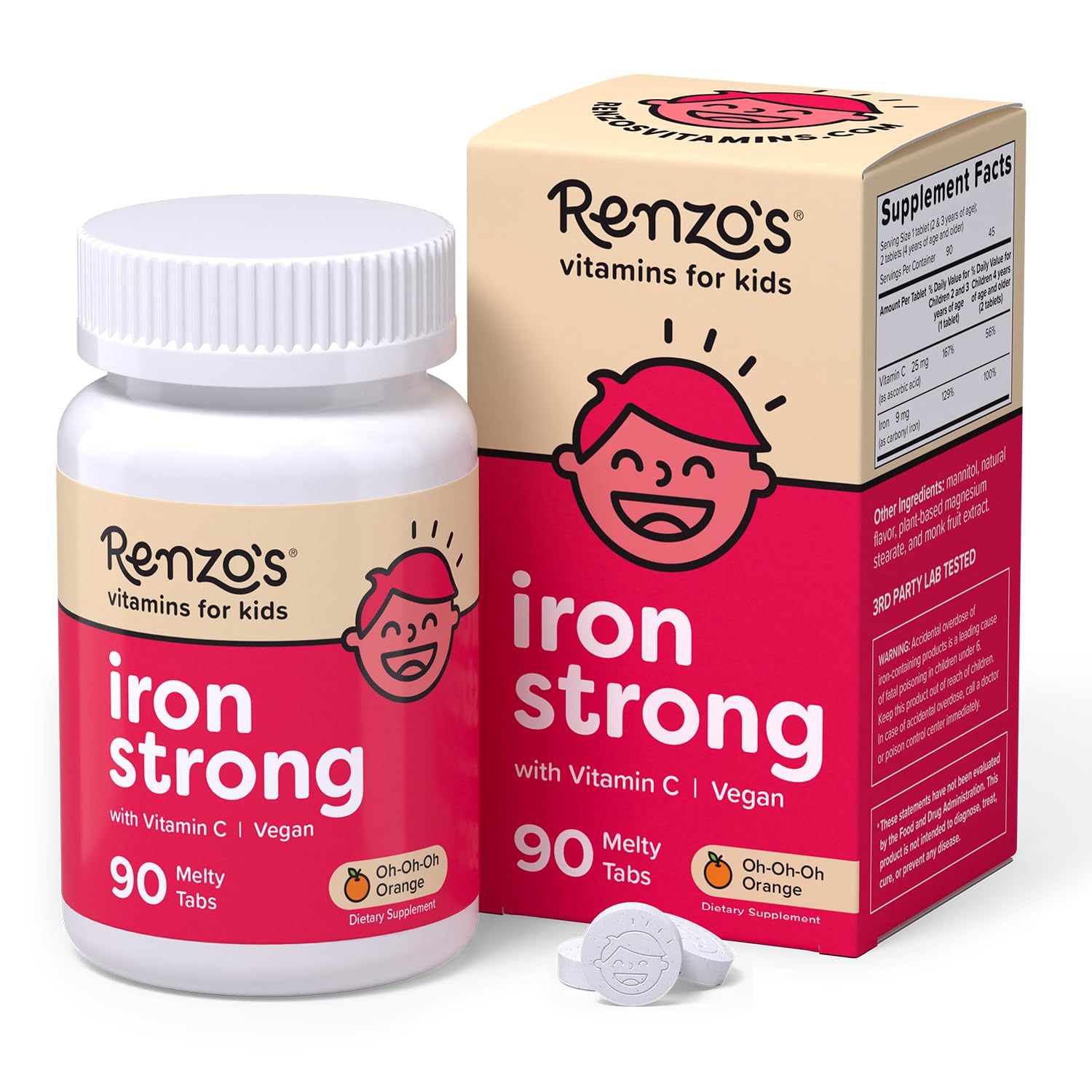 Renzo's empaque frontal mostrando 90 tabletas y beneficios claros