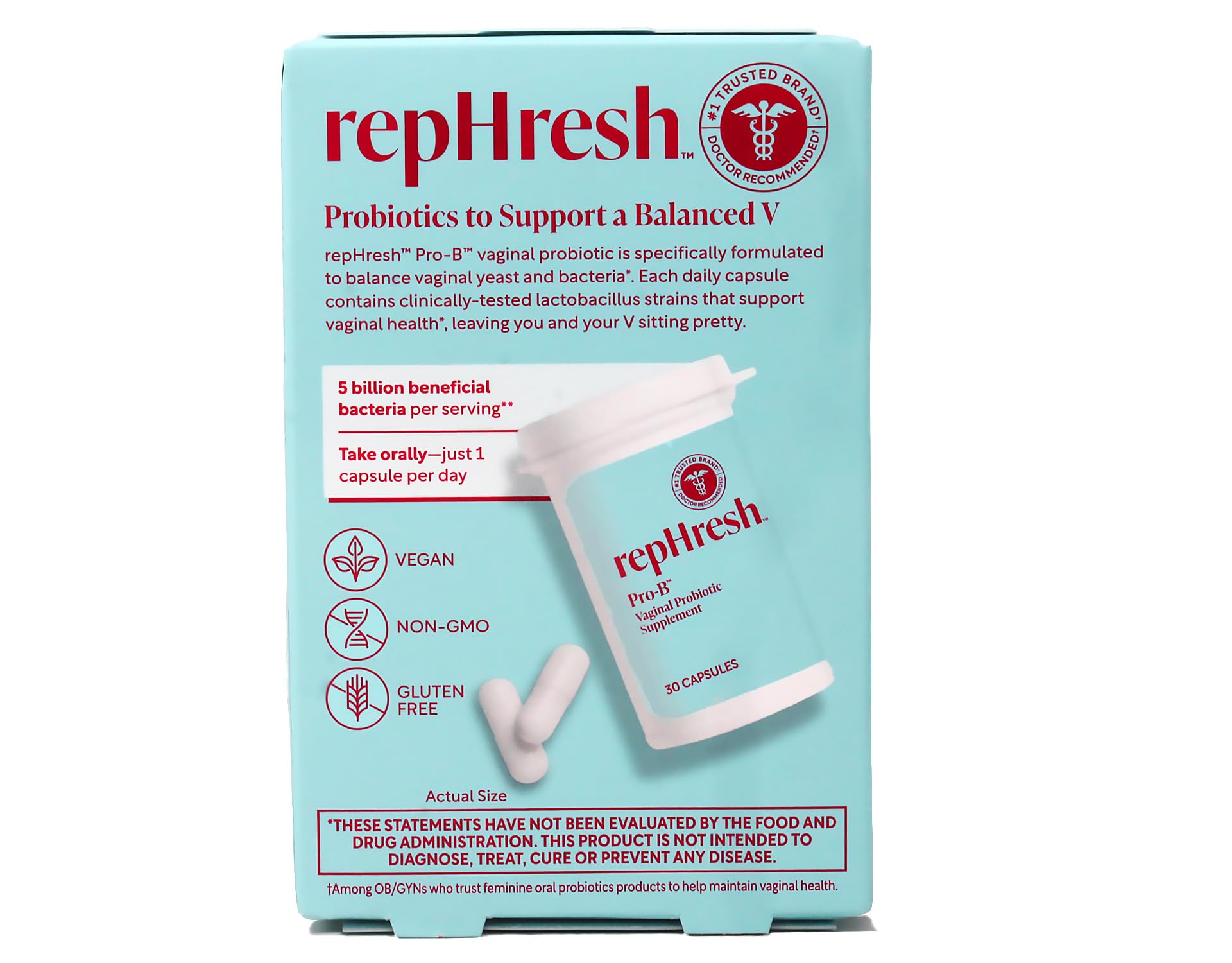 Rephresh Pro-B cápsula en mano ilustrando facilidad de ingestión y conveniencia