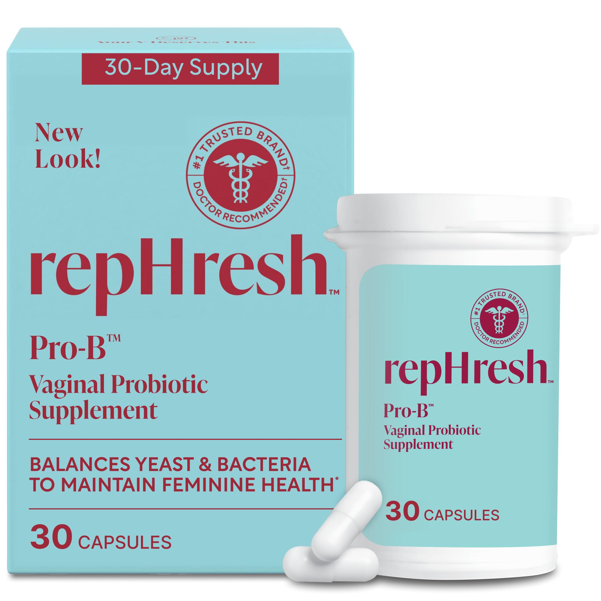 Rephresh Pro-B frontal del envase mostrando 30 cápsulas y etiquetas claras para apoyo femenino