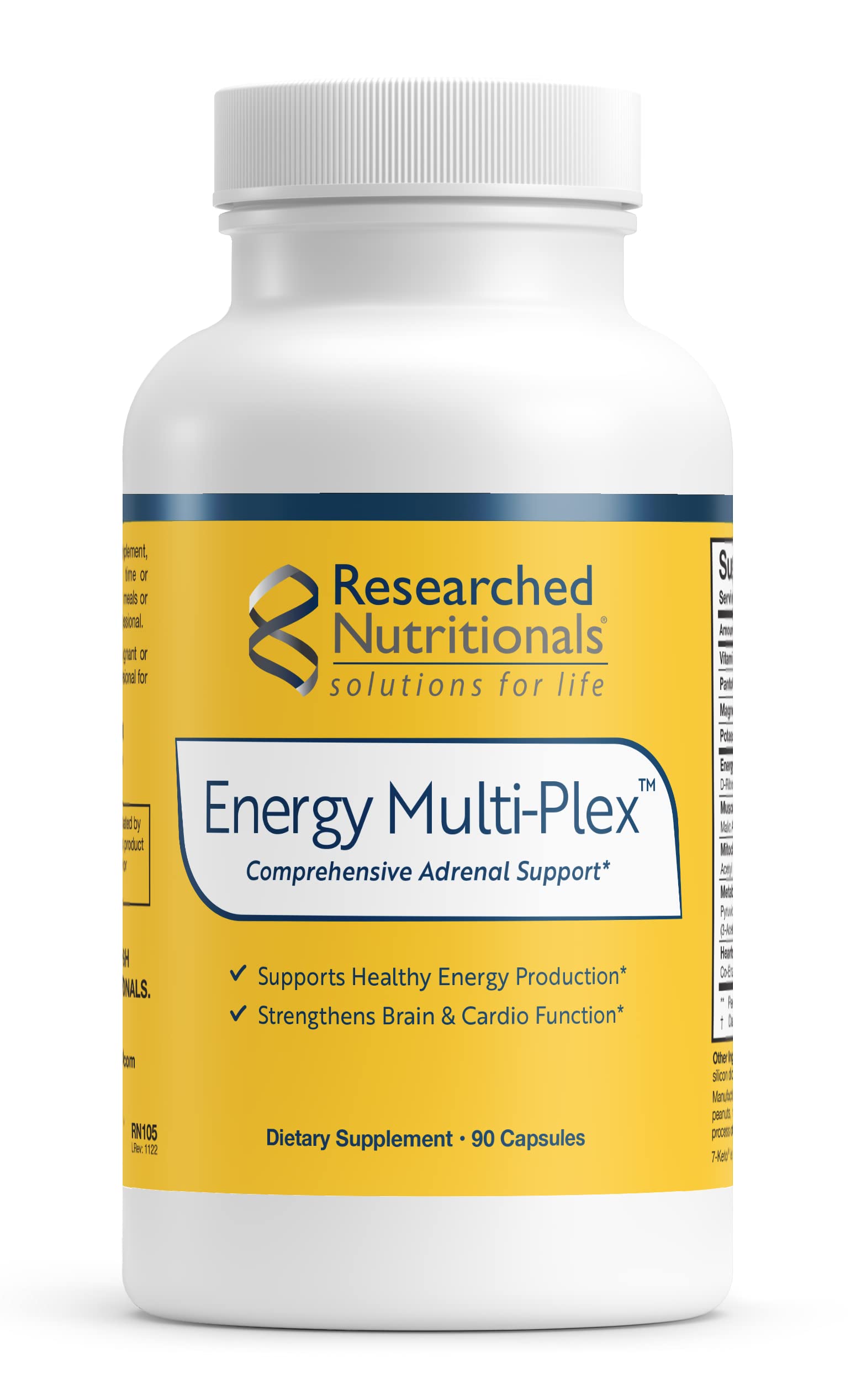 Researched Nutritionals frasco frontal mostrando etiqueta y beneficios claros
