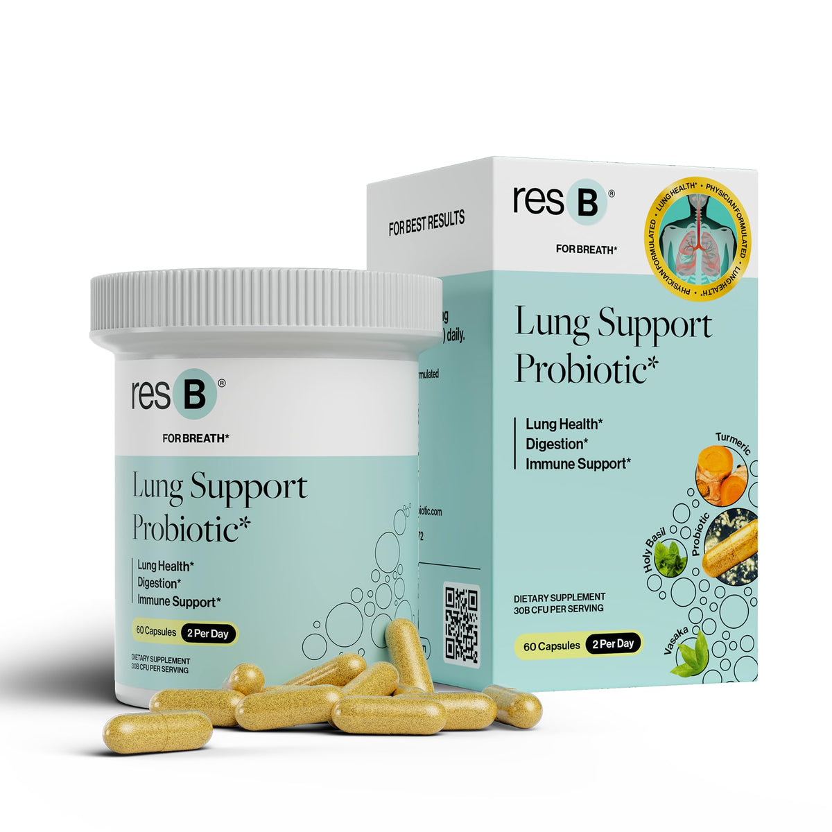 ResBiotic envase frontal mostrando marca y soporte pulmonar para confianza