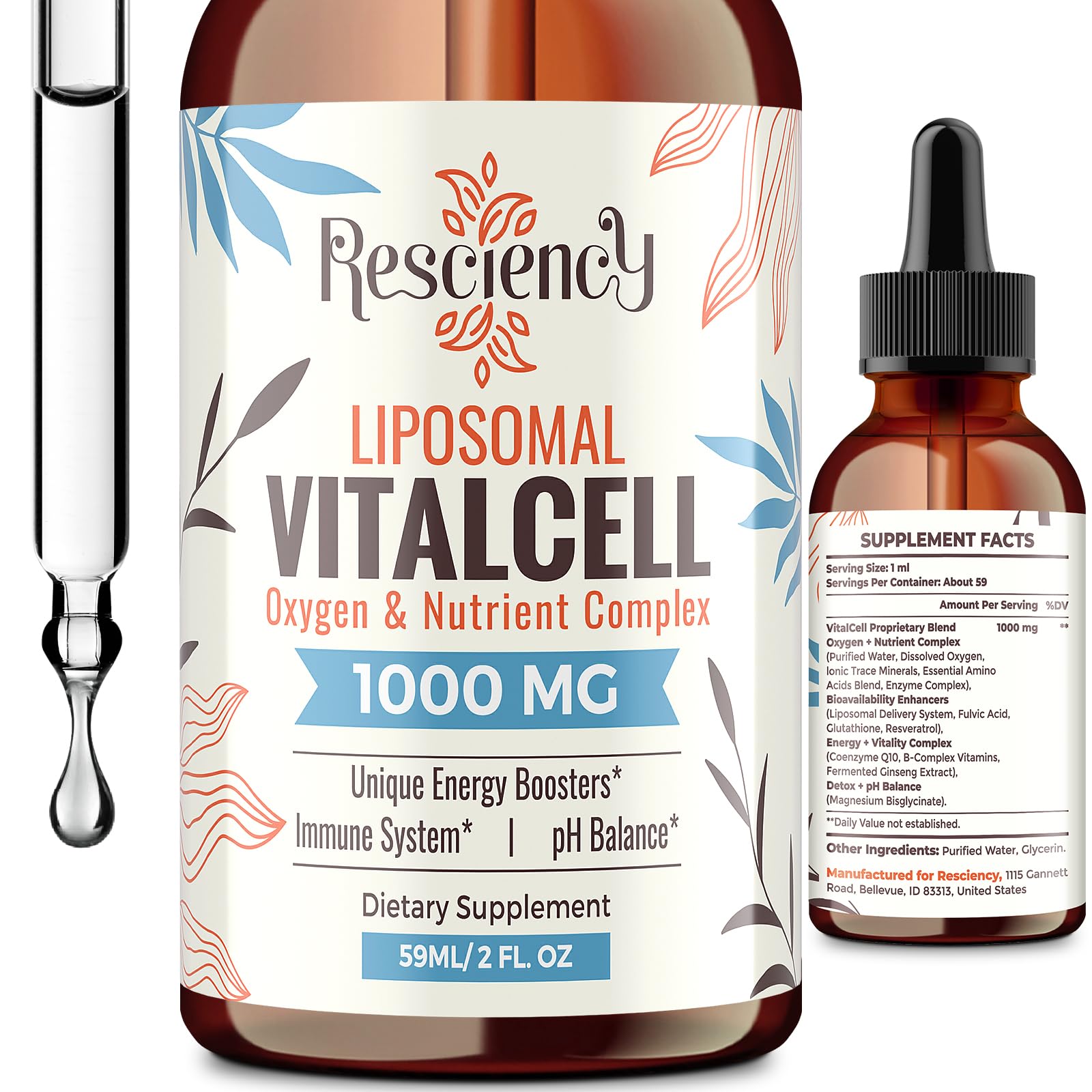 Resciency frasco frontal 2 fl oz mostrando envase y etiqueta clara