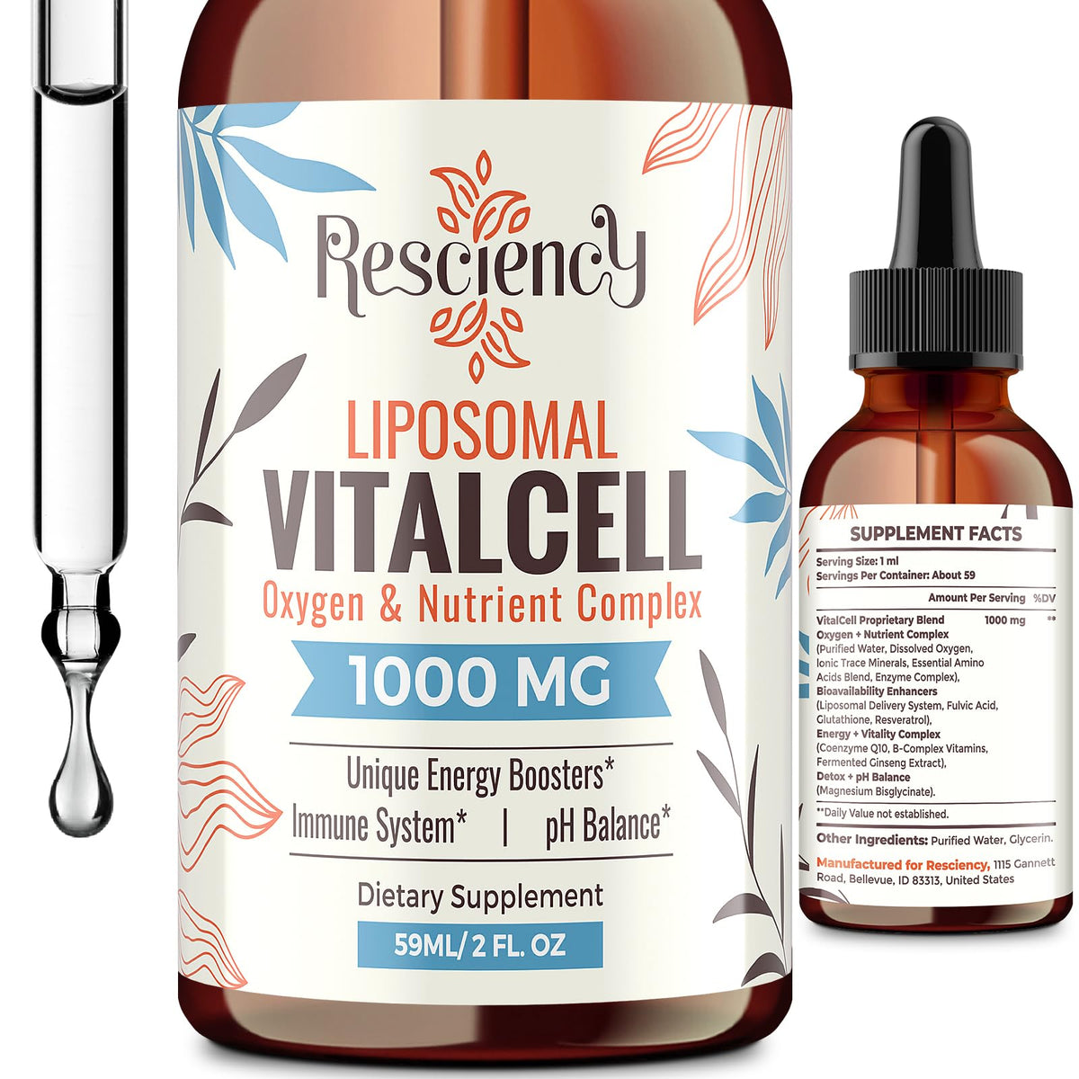 Resciency frasco frontal 2 fl oz mostrando envase y etiqueta clara