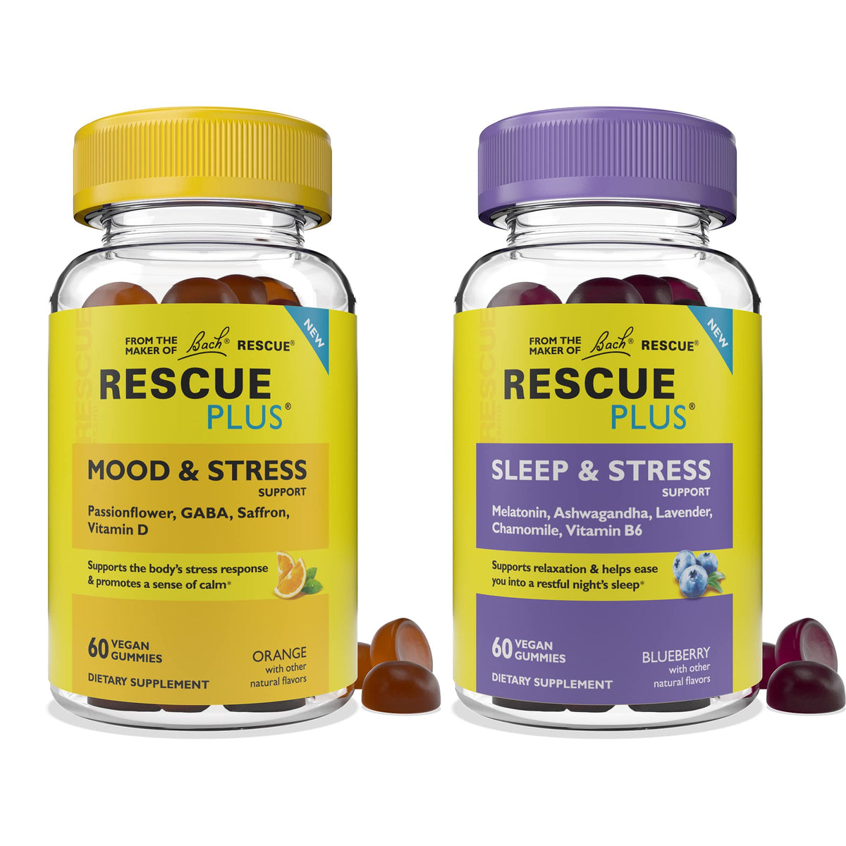 RESCUE gomitas Day & Night frasco frontal muestra el pack y beneficios