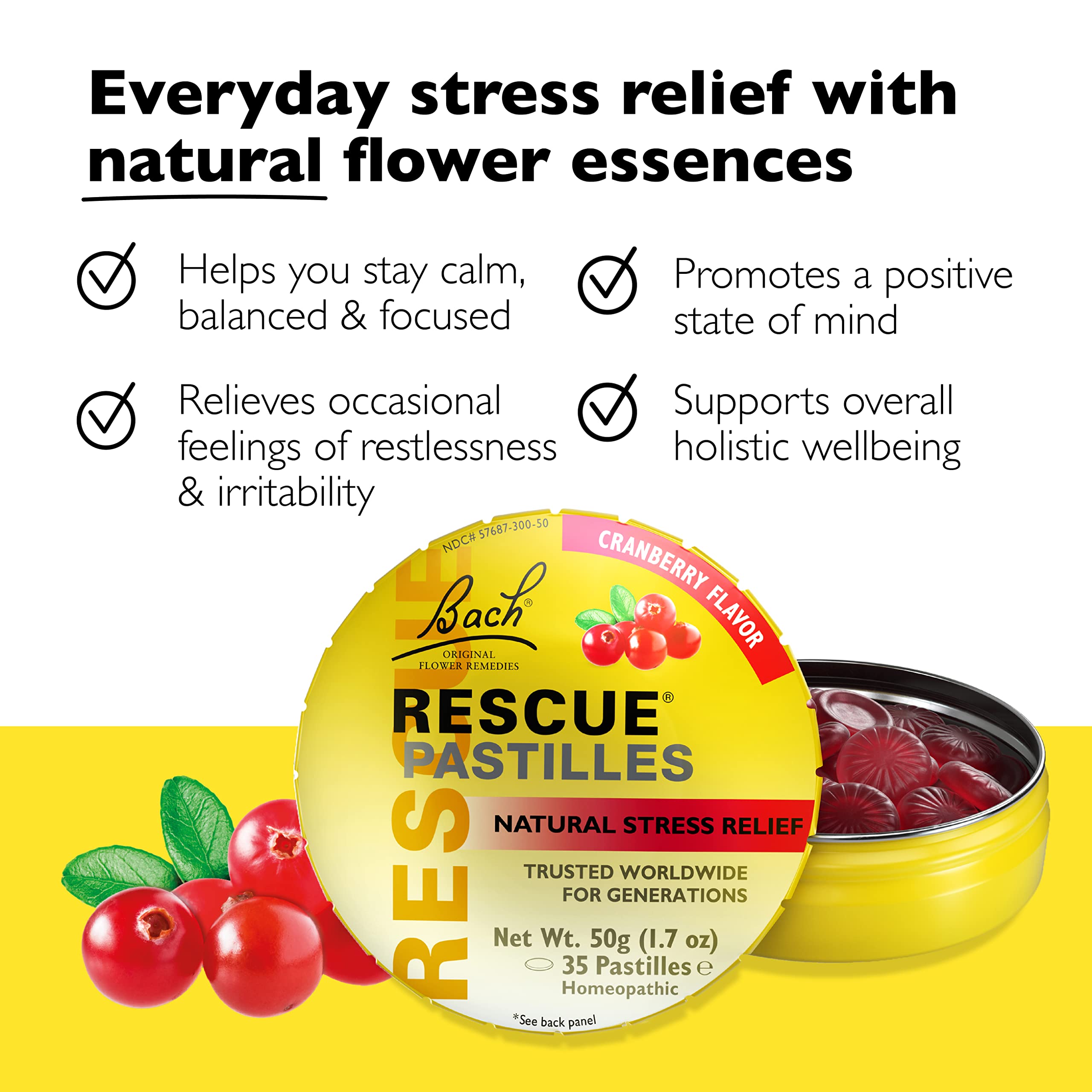 RESCUE Bach Rescue Pastilles caja abierta con pastillas visibles, ofrece portabilidad y conveniencia