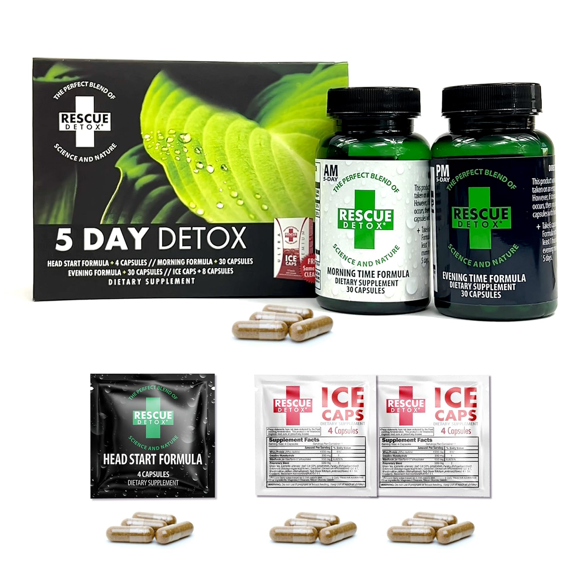 Rescue Detox vista frontal del empaque mostrando el kit y beneficio claridad del contenido