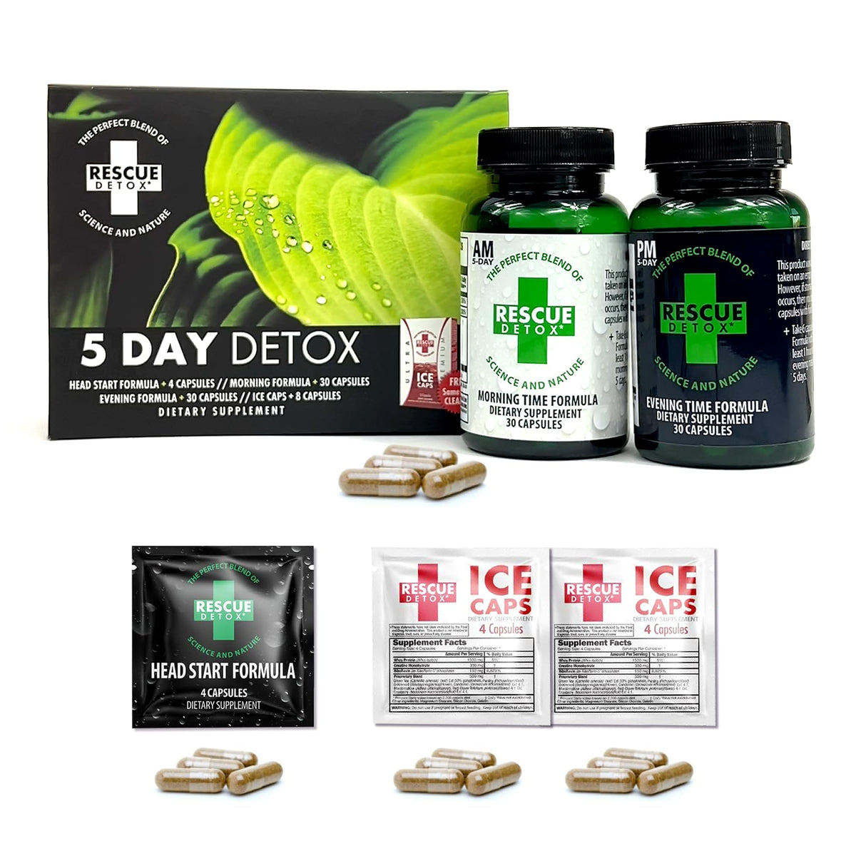 Rescue Detox vista frontal del empaque mostrando el kit y beneficio claridad del contenido