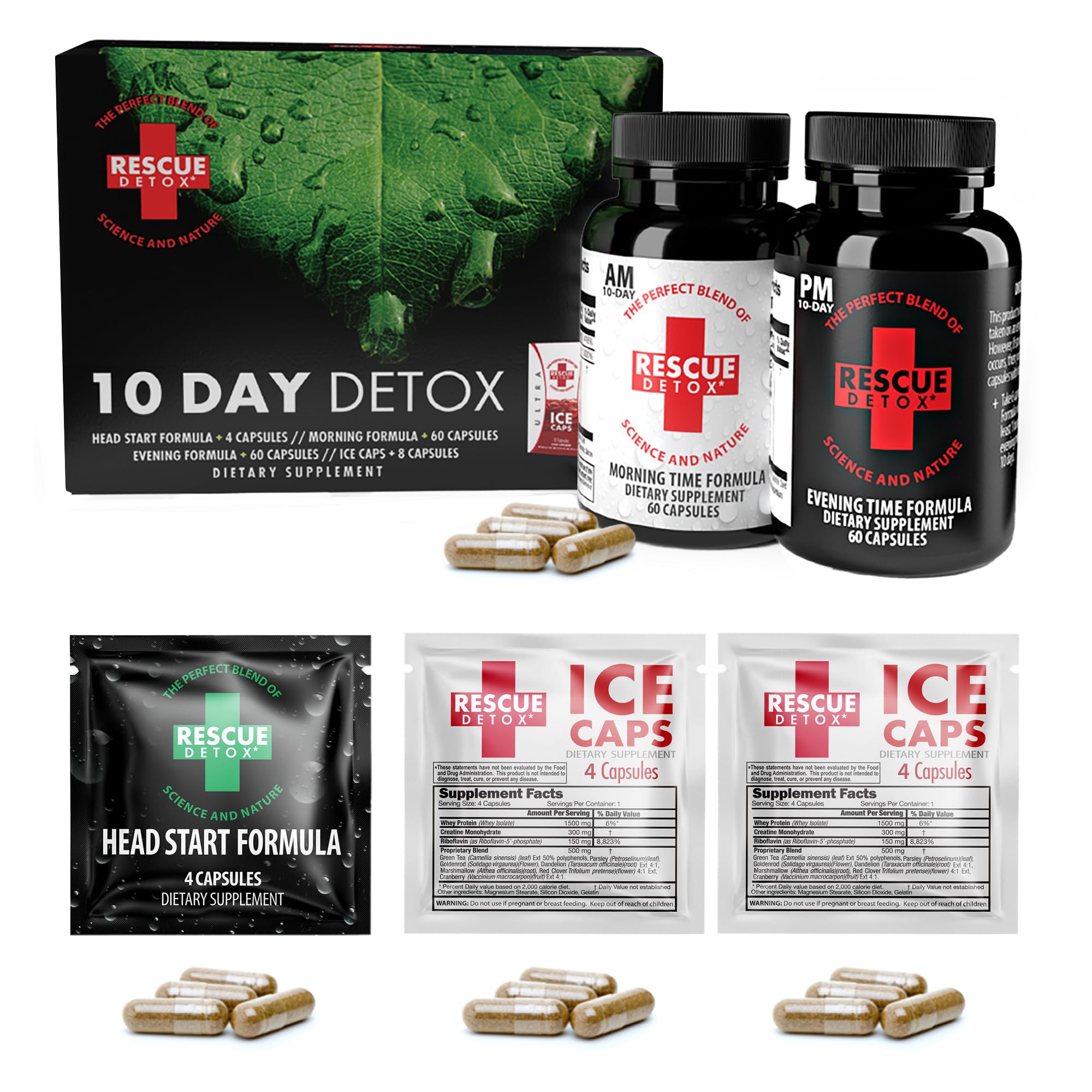 Rescue Detox frontal del empaque mostrando el kit completo y beneficios