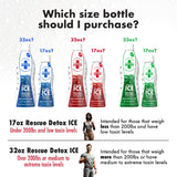 Rescue Detox ICE 32oz junto a botella de 17oz para comparar tamaño y beneficio de dosis fuerte