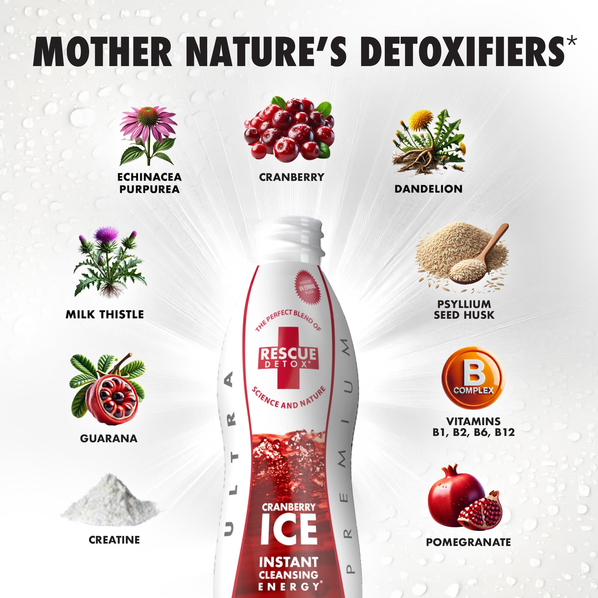 Detalle de textura del líquido Rescue Detox ICE cranberry que muestra consistencia y aspecto claro