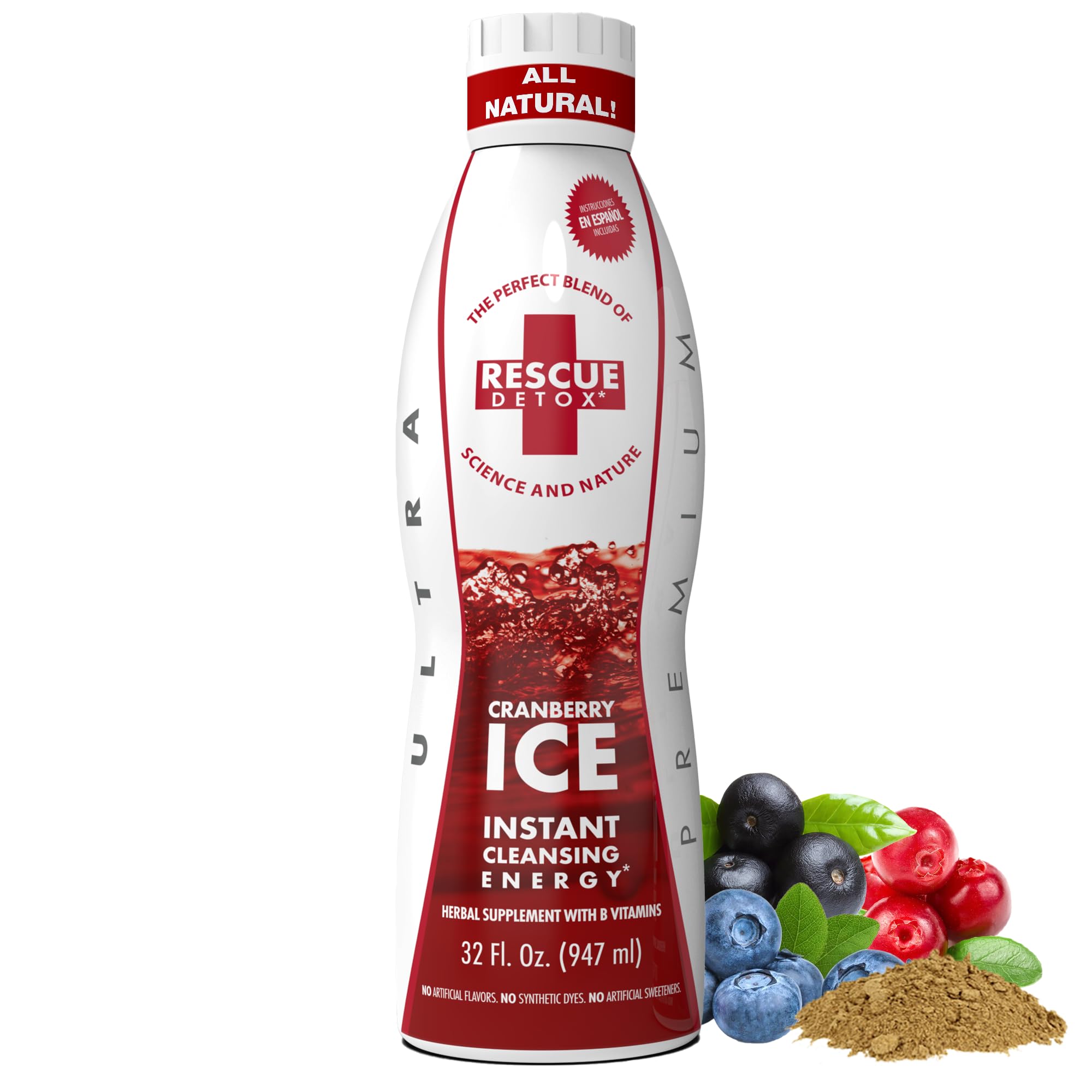 Rescue Detox ICE frontal mostrando botella 32oz con sabor cranberry y beneficio detox rápido