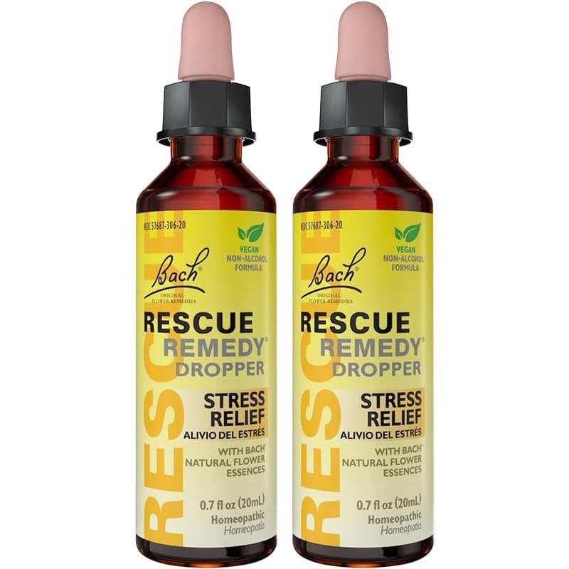 RESCUE envase frontal mostrando pack de dos frascos y beneficio portabilidad