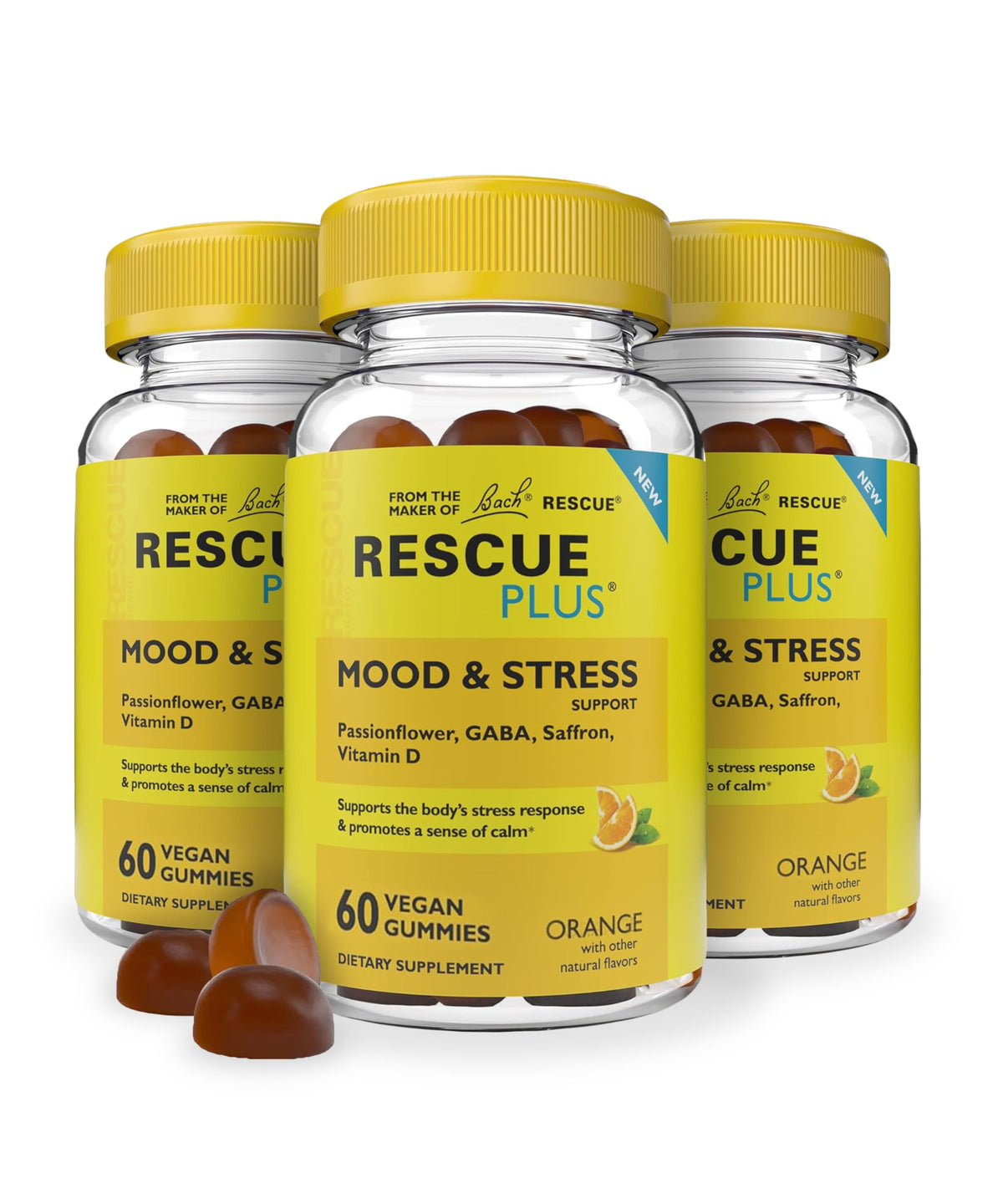 RESCUE envase frontal mostrando 3 frascos y beneficios claros