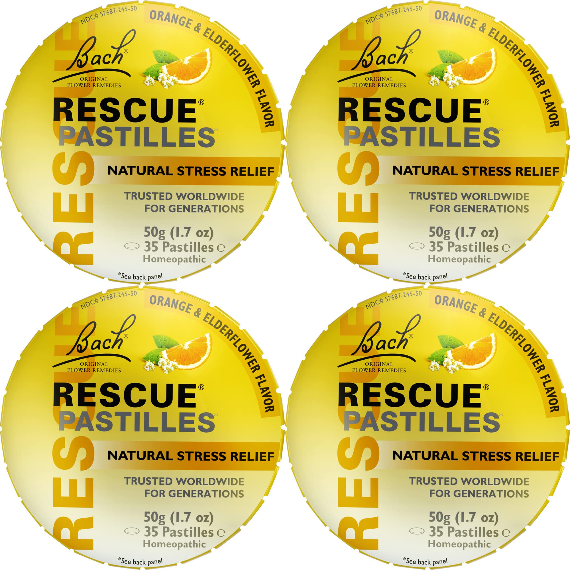 RESCUE pastilles embalaje frontal mostrando sabor naranja y saúco y conveniencia