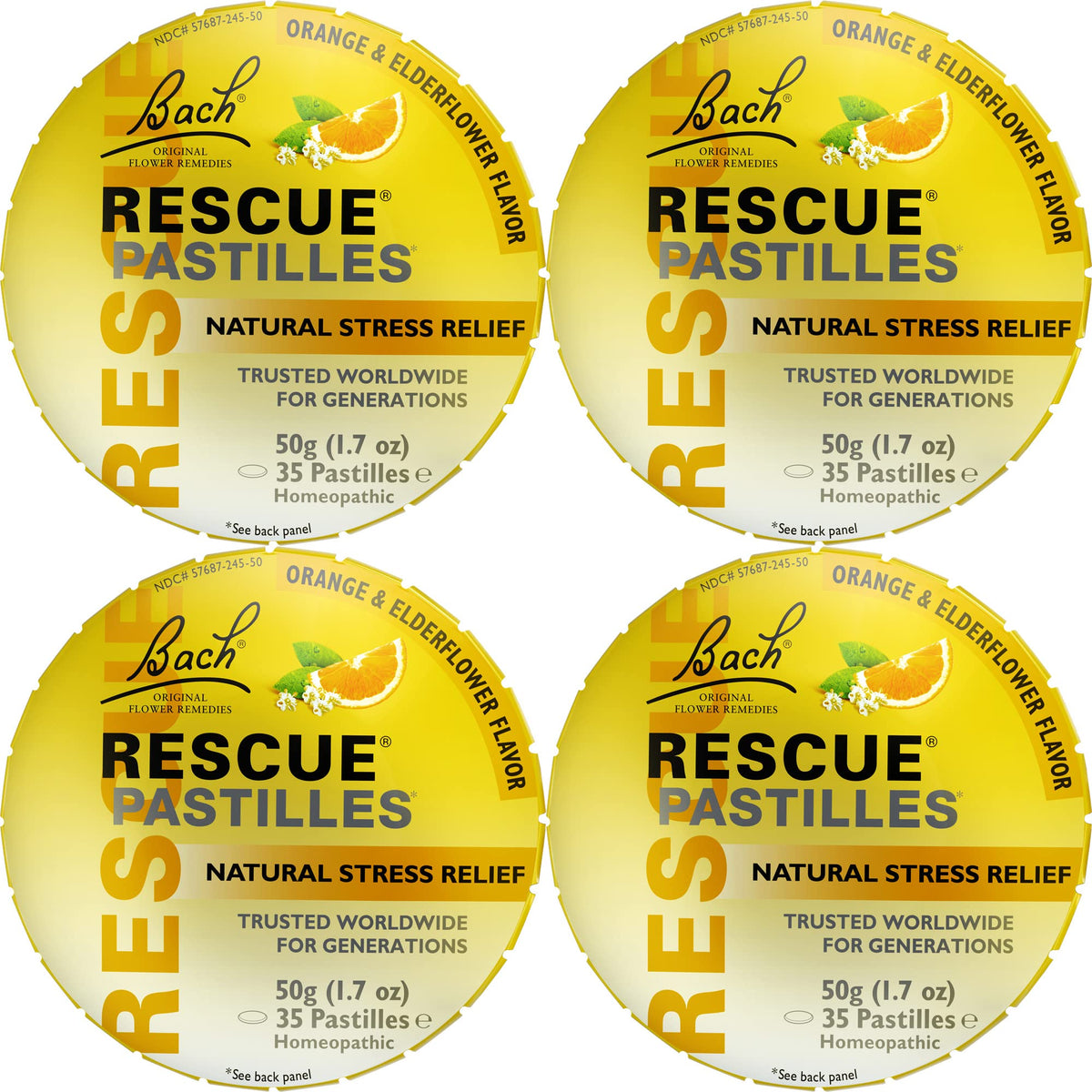 RESCUE pastilles embalaje frontal mostrando sabor naranja y saúco y conveniencia