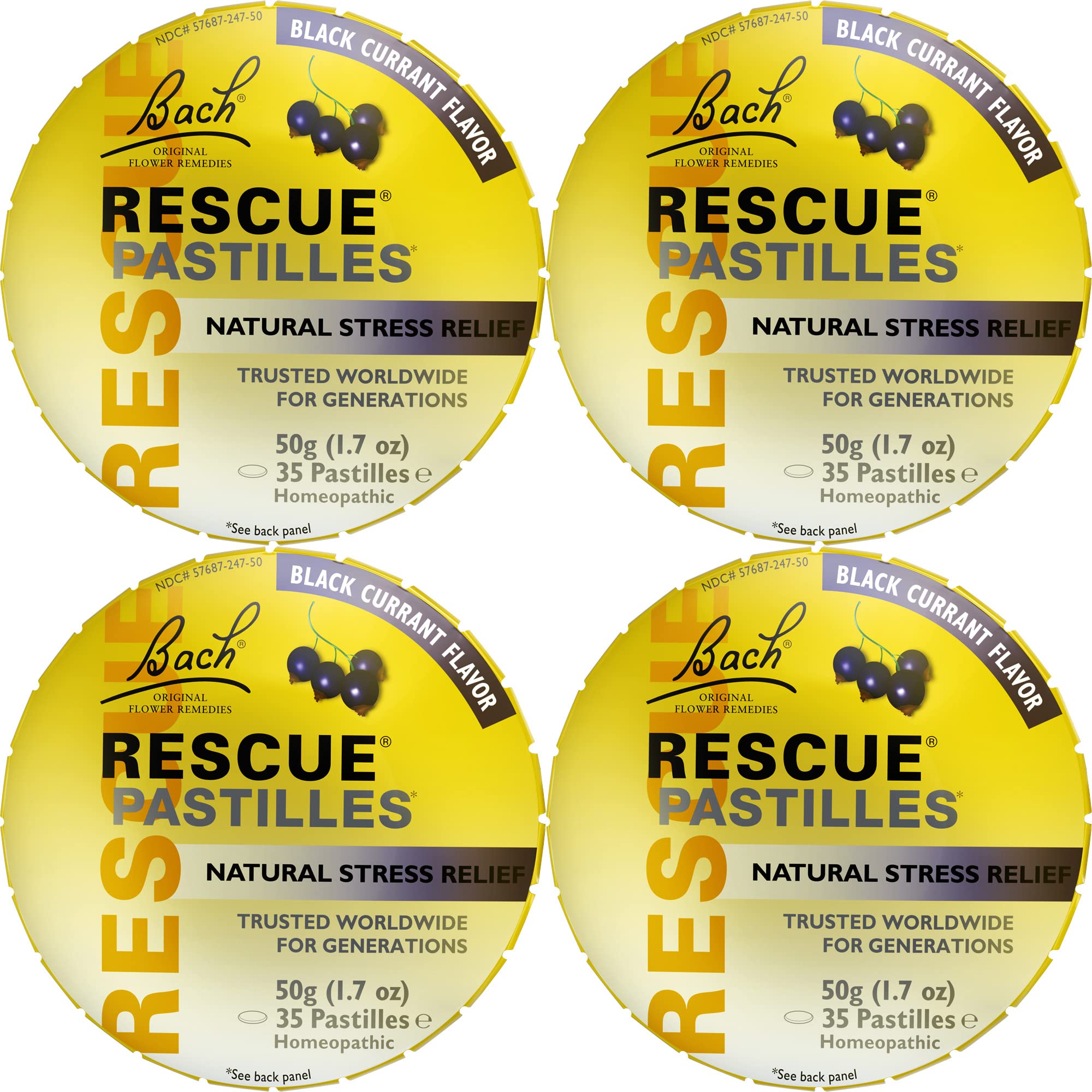 RESCUE pastilles frente del envase mostrando sabor grosella y formato práctico