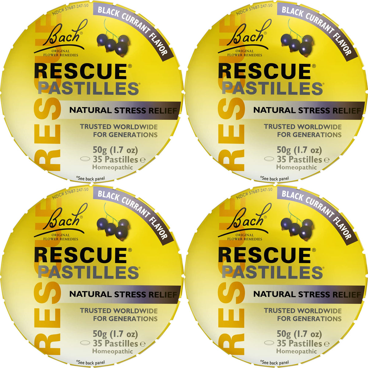 RESCUE pastilles frente del envase mostrando sabor grosella y formato práctico